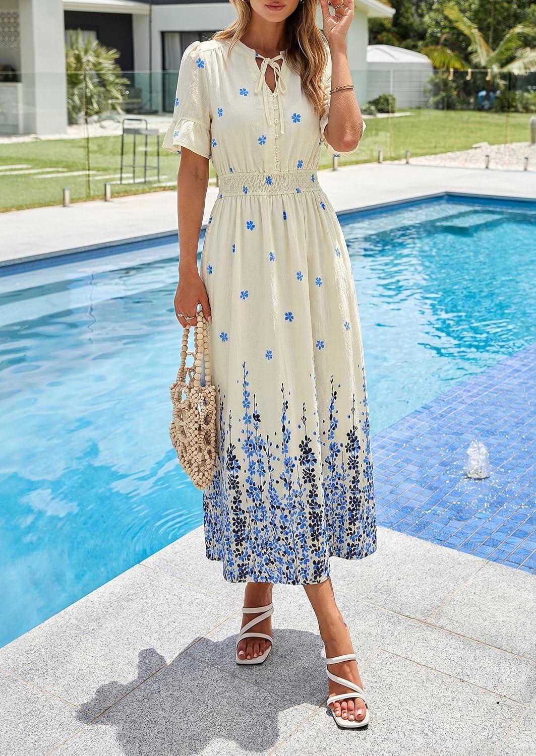 imagePRETTYGARDEN Womens Boho Floral Maxi Dress Summer 2026 Short Sleeve Tie V Neck Spring Wedding Guest Flowy Beach Sun DressesApricot Blue Floral