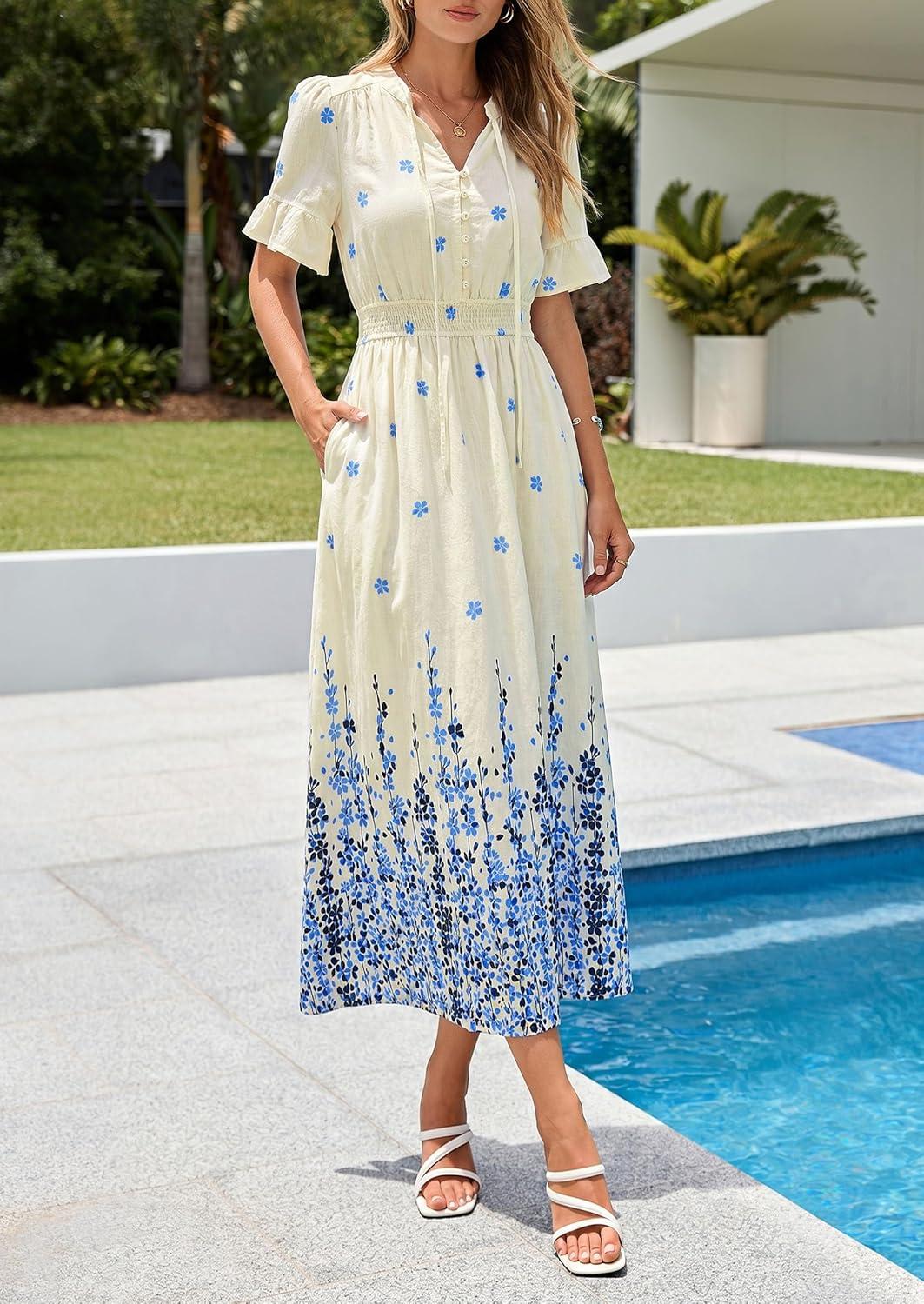 imagePRETTYGARDEN Womens Boho Floral Maxi Dress Summer 2026 Short Sleeve Tie V Neck Spring Wedding Guest Flowy Beach Sun DressesApricot Blue Floral