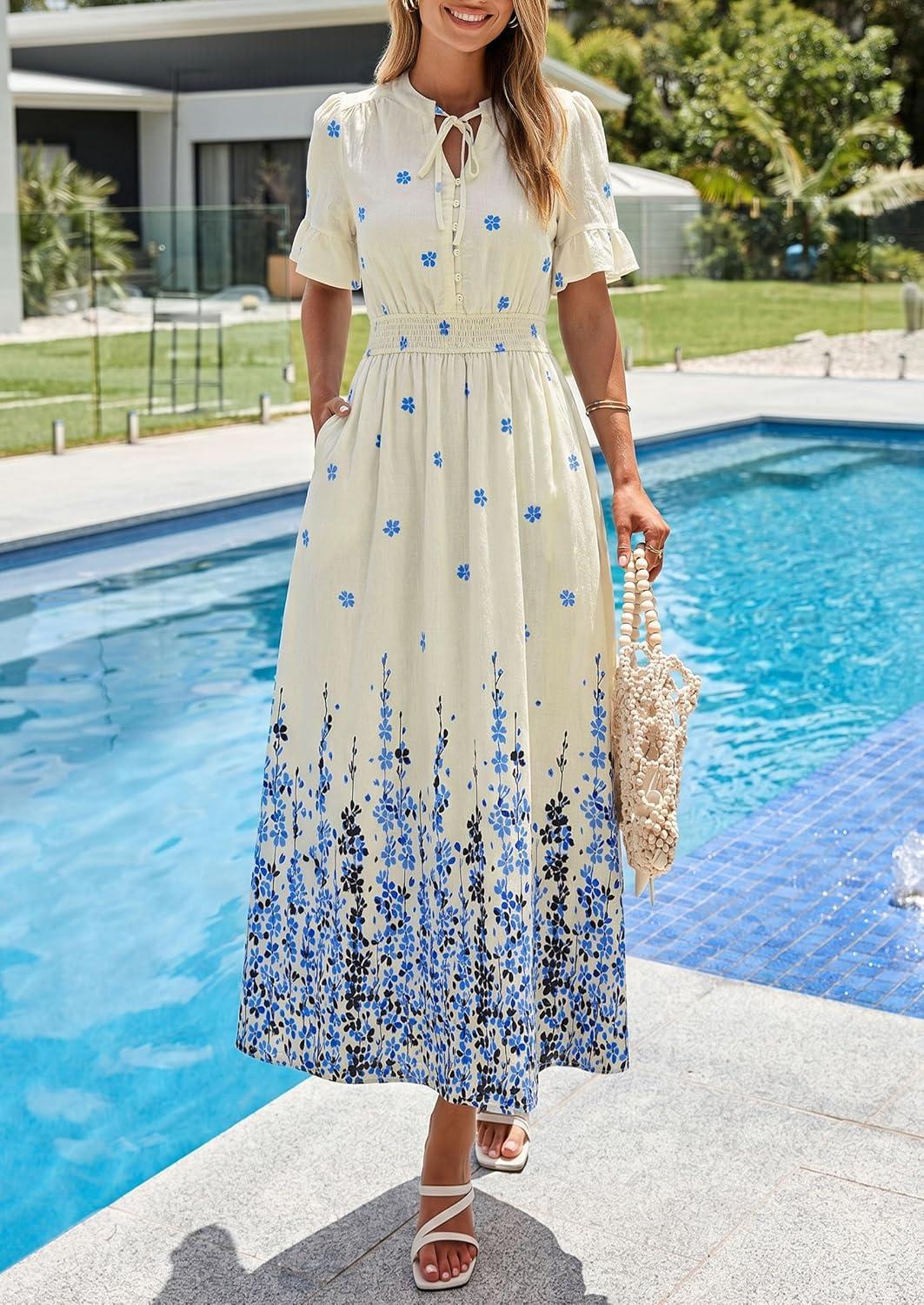 imagePRETTYGARDEN Womens Boho Floral Maxi Dress Summer 2026 Short Sleeve Tie V Neck Spring Wedding Guest Flowy Beach Sun DressesApricot Blue Floral