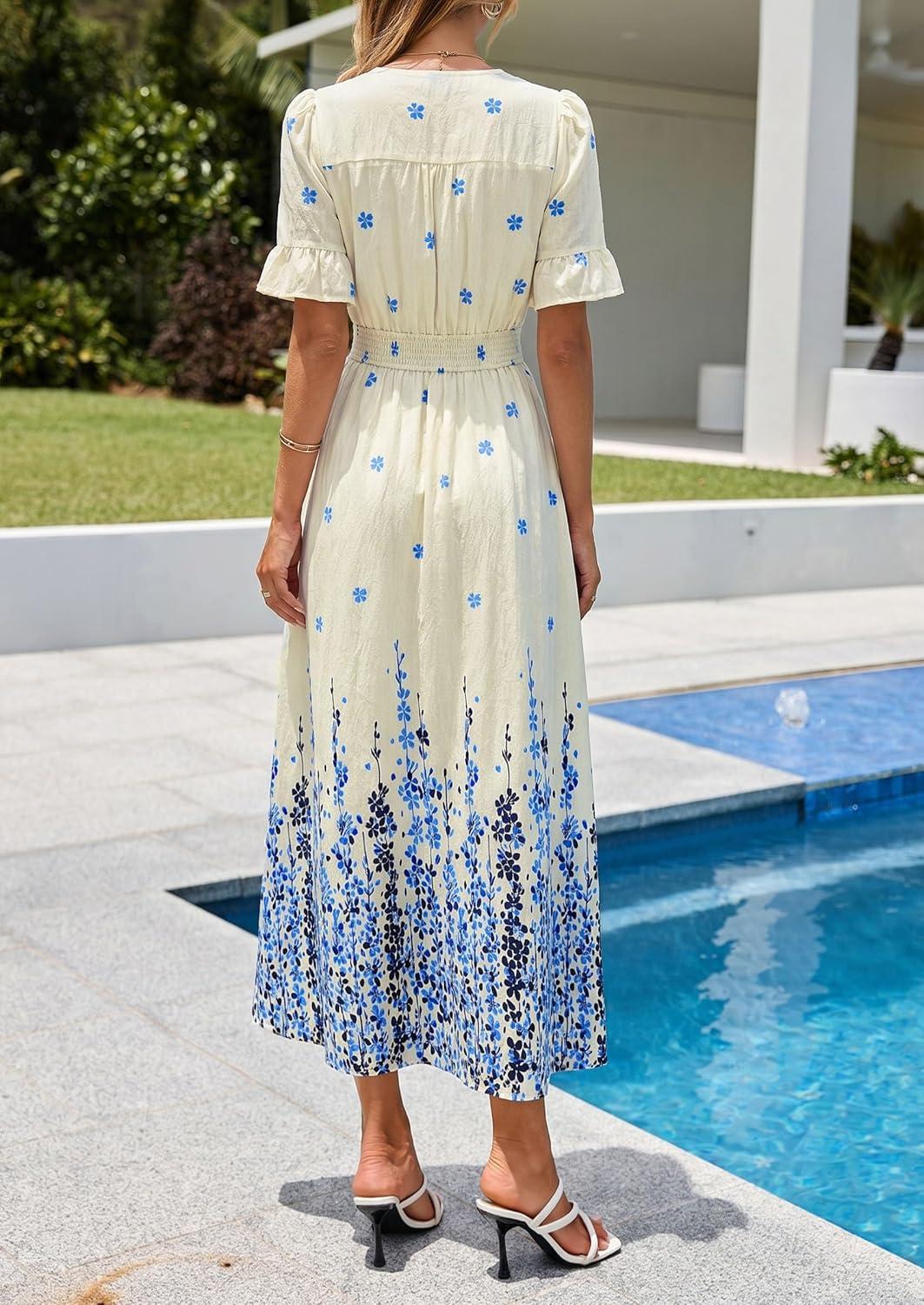 imagePRETTYGARDEN Womens Boho Floral Maxi Dress Summer 2026 Short Sleeve Tie V Neck Spring Wedding Guest Flowy Beach Sun DressesApricot Blue Floral