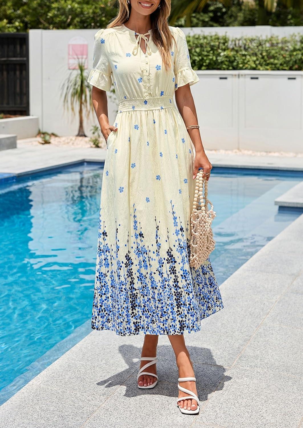 imagePRETTYGARDEN Womens Boho Floral Maxi Dress Summer 2026 Short Sleeve Tie V Neck Spring Wedding Guest Flowy Beach Sun DressesApricot Blue Floral