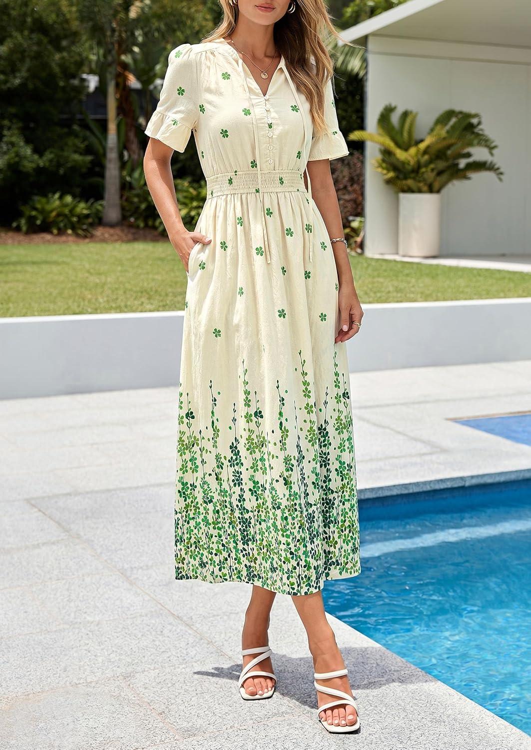 imagePRETTYGARDEN Womens Boho Floral Maxi Dress Summer 2026 Short Sleeve Tie V Neck Spring Wedding Guest Flowy Beach Sun DressesApricot Green Floral