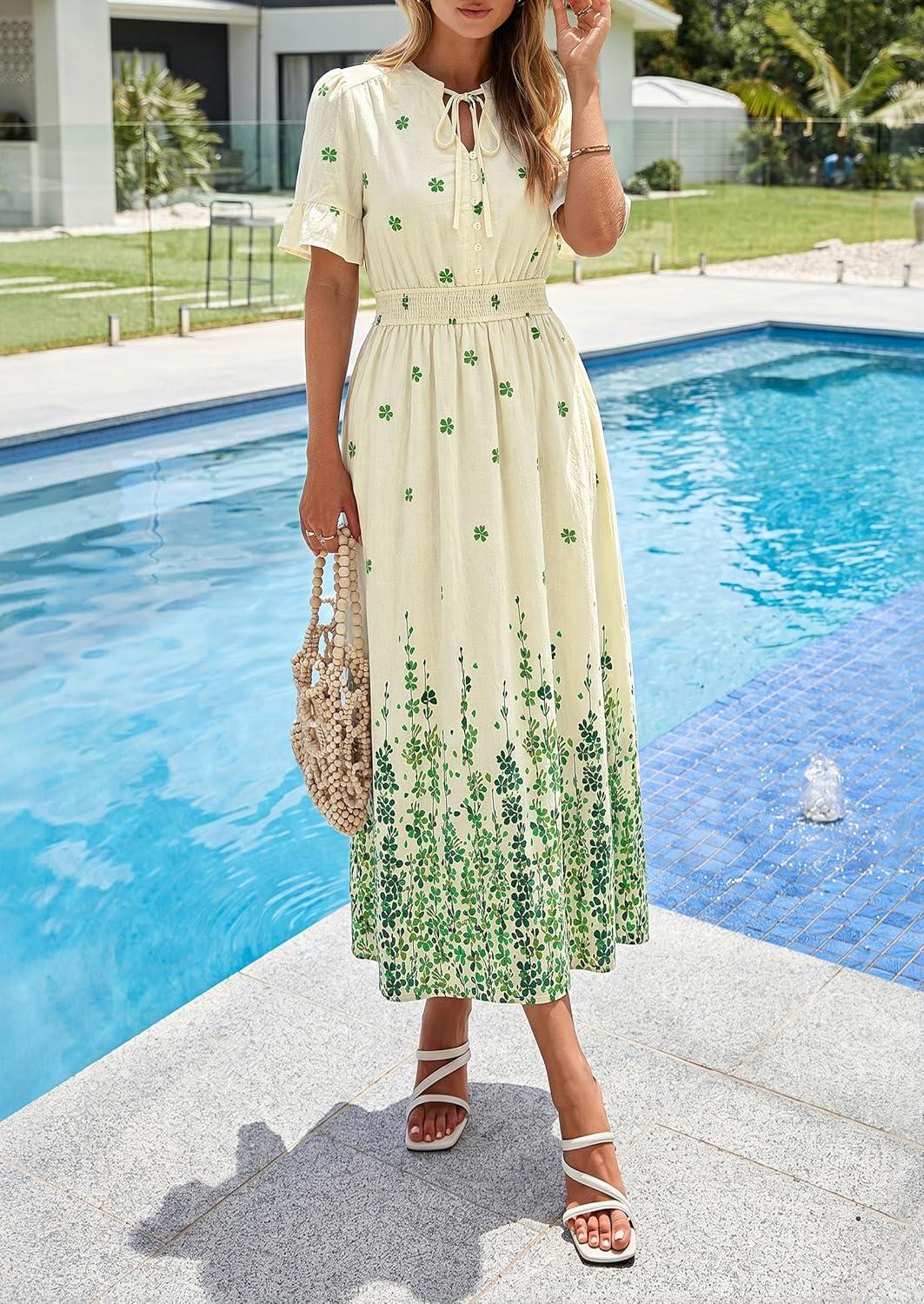 imagePRETTYGARDEN Womens Boho Floral Maxi Dress Summer 2026 Short Sleeve Tie V Neck Spring Wedding Guest Flowy Beach Sun DressesApricot Green Floral