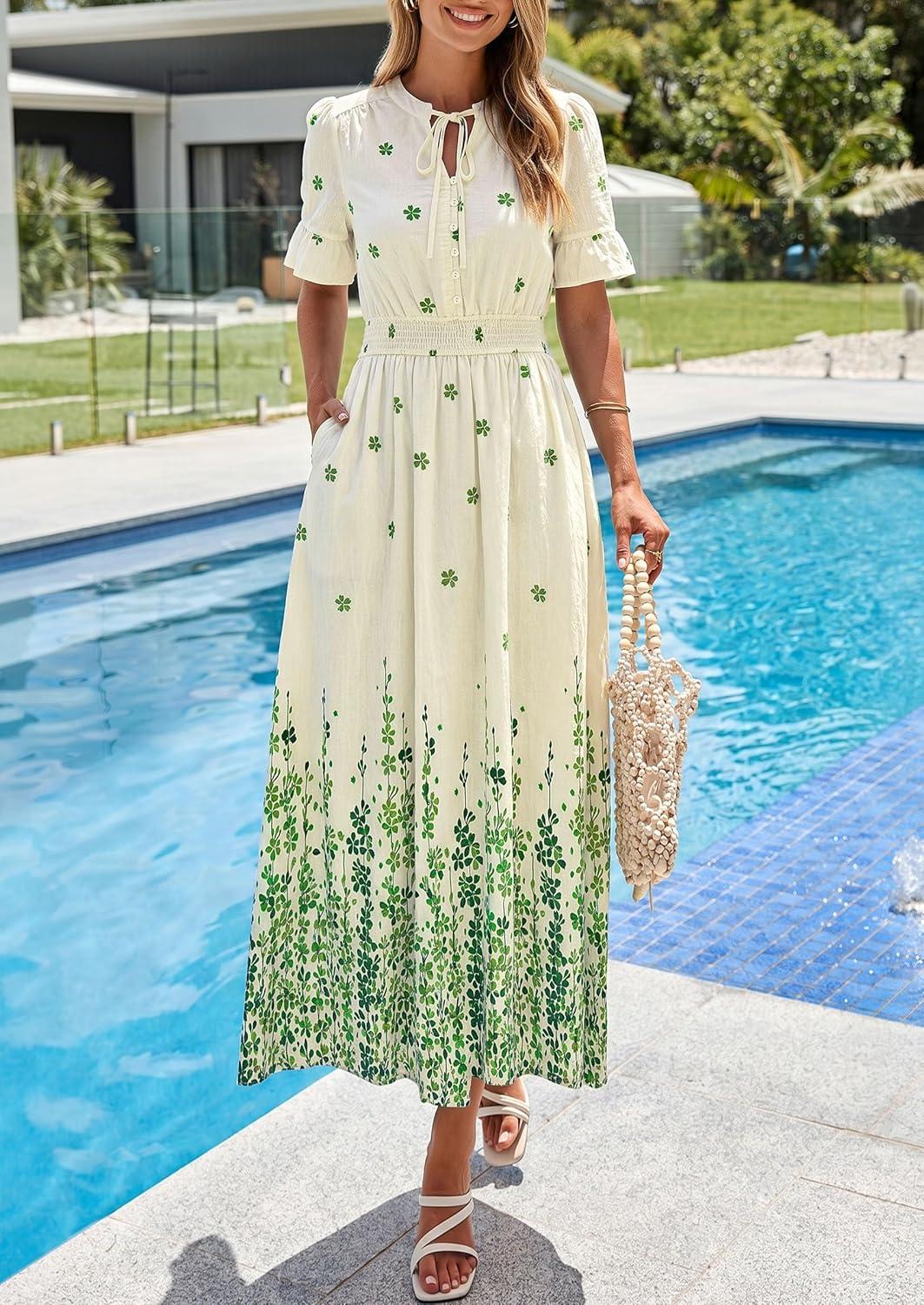 imagePRETTYGARDEN Womens Boho Floral Maxi Dress Summer 2026 Short Sleeve Tie V Neck Spring Wedding Guest Flowy Beach Sun DressesApricot Green Floral