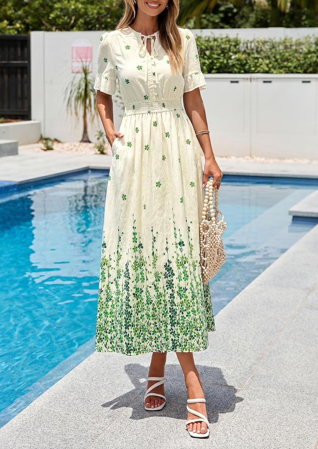 imagePRETTYGARDEN Womens Boho Floral Maxi Dress Summer 2026 Short Sleeve Tie V Neck Spring Wedding Guest Flowy Beach Sun DressesApricot Green Floral