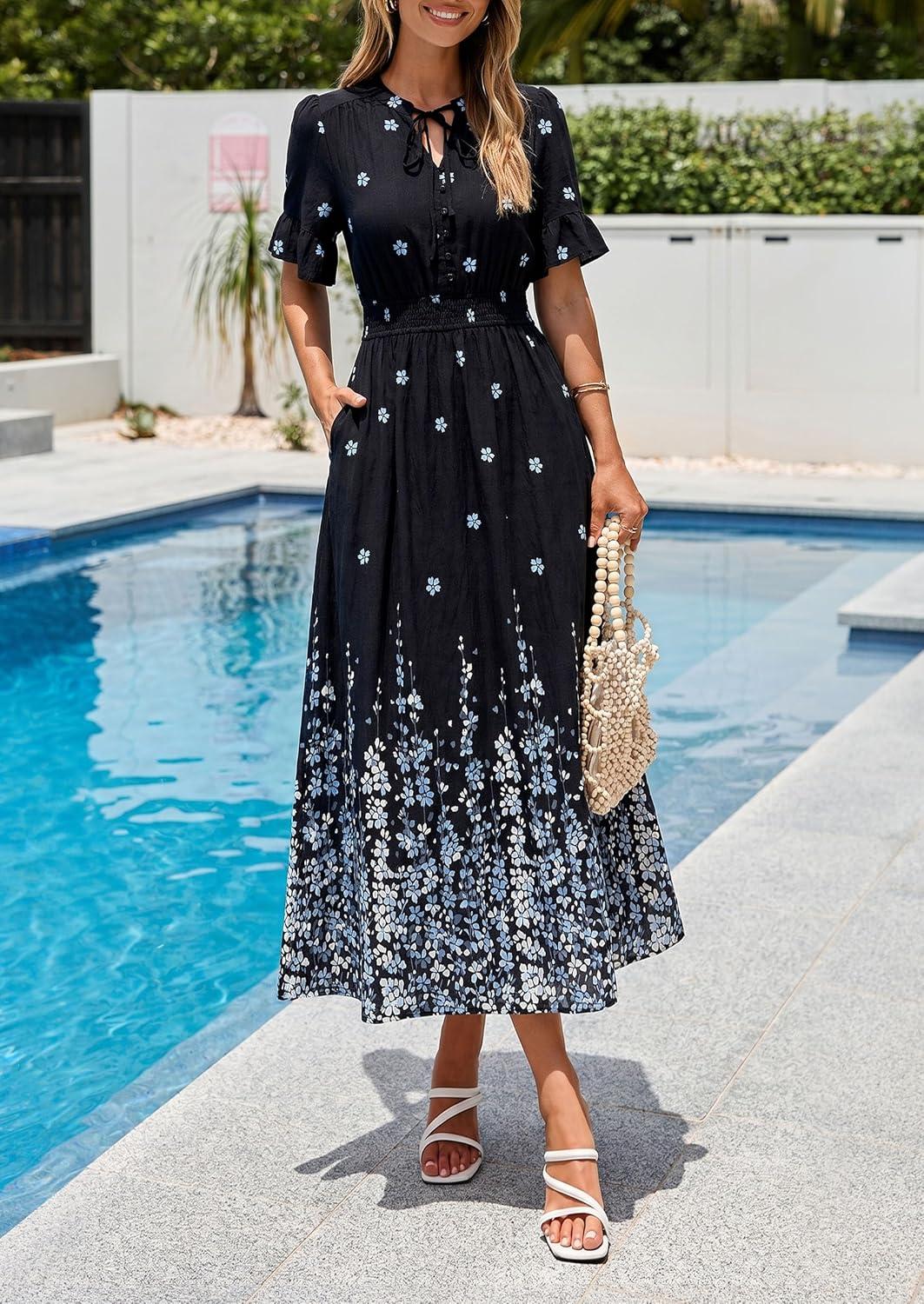 imagePRETTYGARDEN Womens Boho Floral Maxi Dress Summer 2026 Short Sleeve Tie V Neck Spring Wedding Guest Flowy Beach Sun DressesBlack White Floral