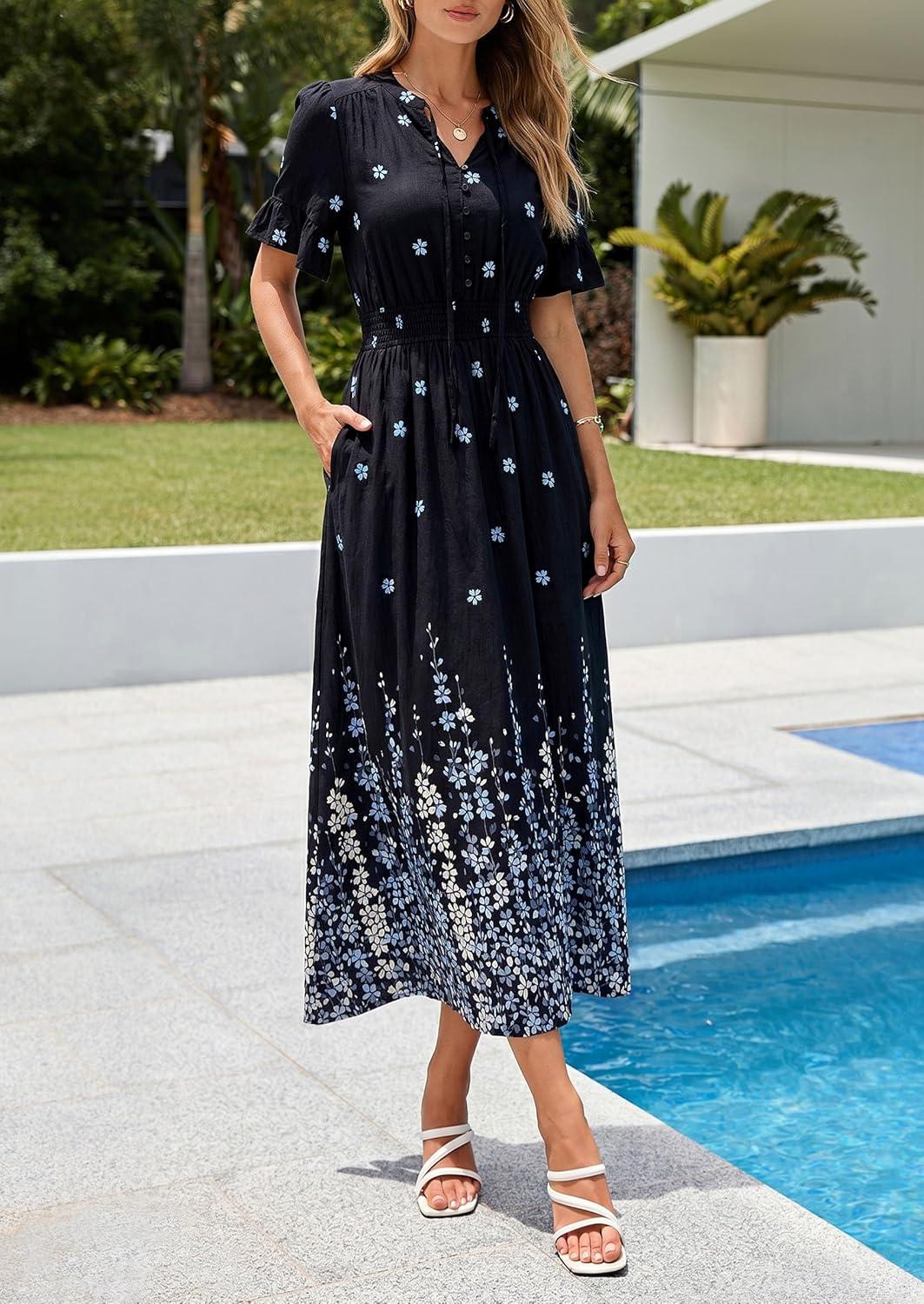 imagePRETTYGARDEN Womens Boho Floral Maxi Dress Summer 2026 Short Sleeve Tie V Neck Spring Wedding Guest Flowy Beach Sun DressesBlack White Floral