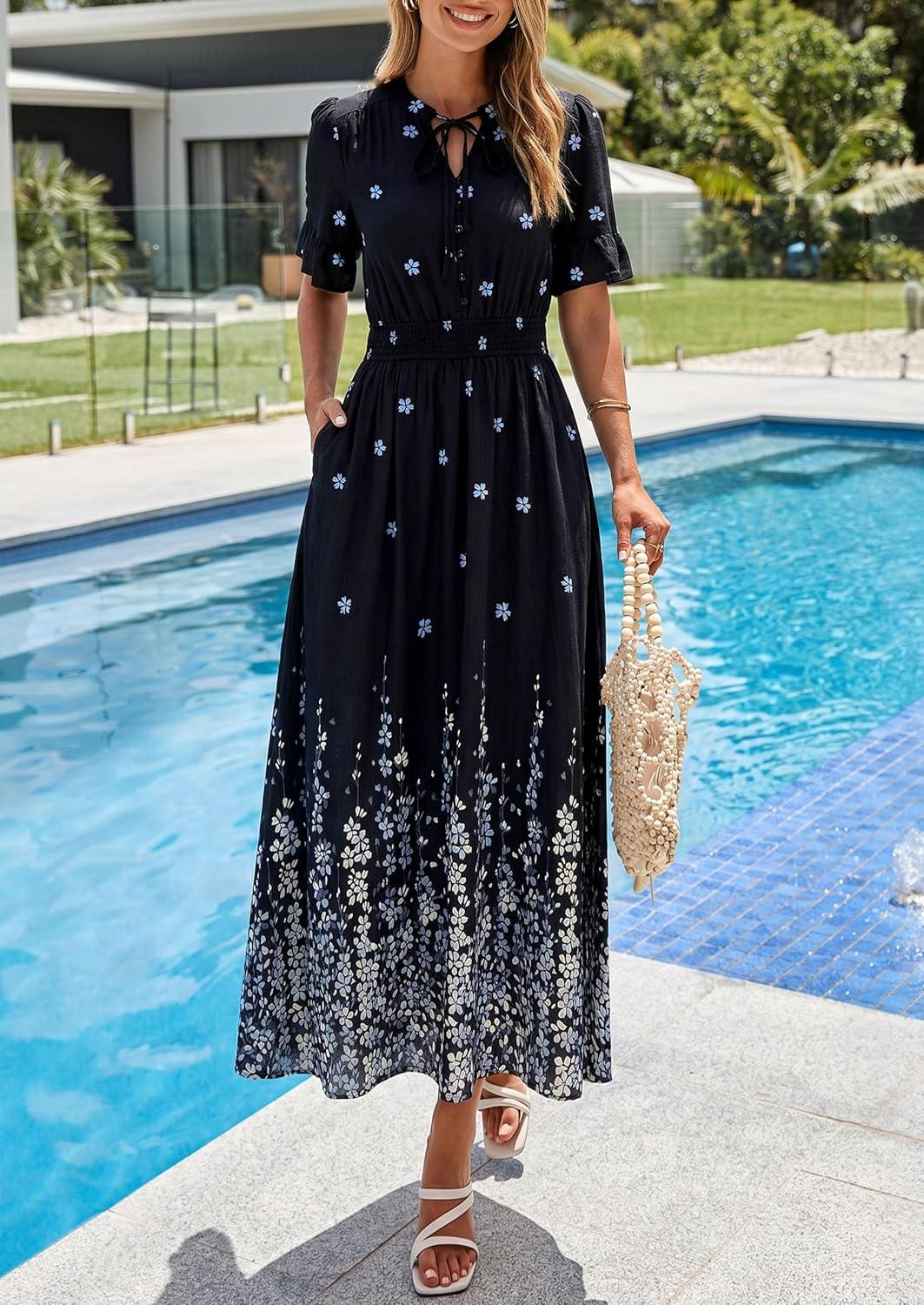 imagePRETTYGARDEN Womens Boho Floral Maxi Dress Summer 2026 Short Sleeve Tie V Neck Spring Wedding Guest Flowy Beach Sun DressesBlack White Floral