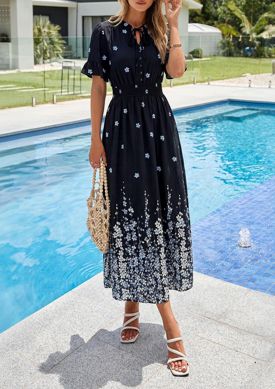 imagePRETTYGARDEN Womens Boho Floral Maxi Dress Summer 2026 Short Sleeve Tie V Neck Spring Wedding Guest Flowy Beach Sun DressesBlack White Floral