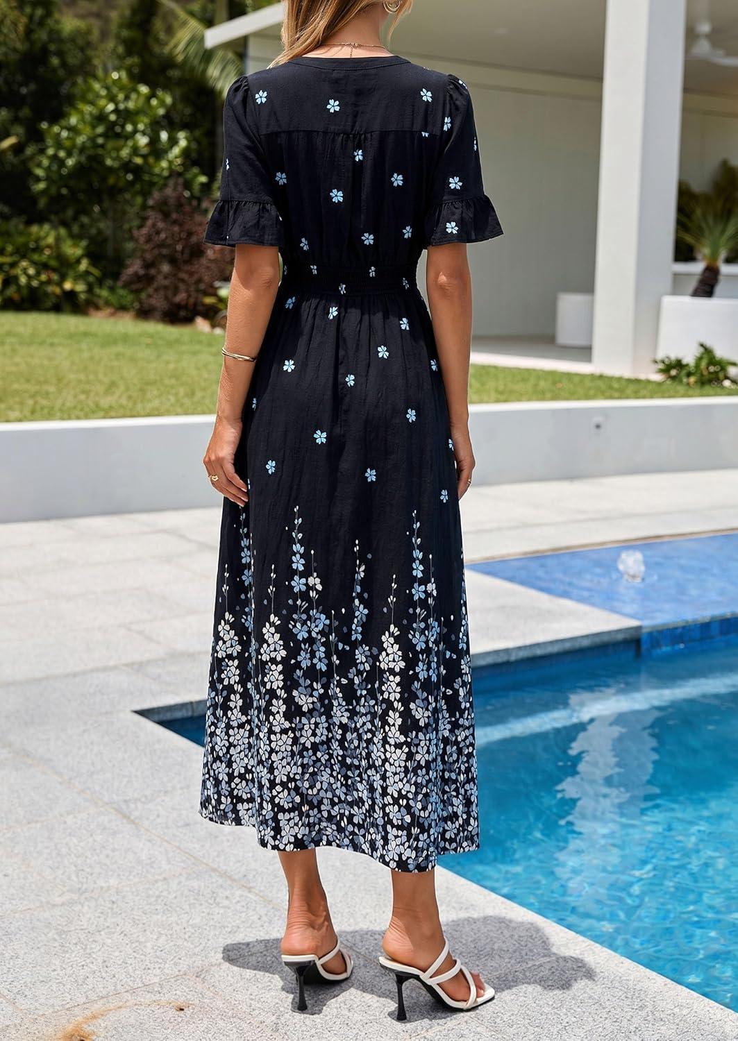 imagePRETTYGARDEN Womens Boho Floral Maxi Dress Summer 2026 Short Sleeve Tie V Neck Spring Wedding Guest Flowy Beach Sun DressesBlack White Floral