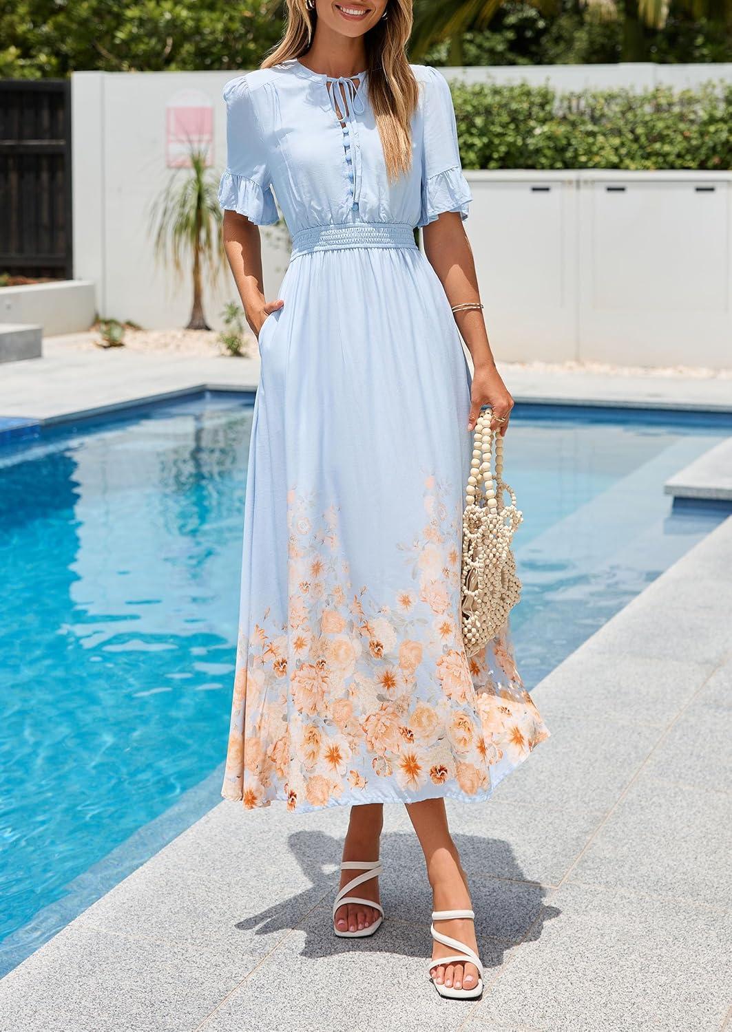 imagePRETTYGARDEN Womens Boho Floral Maxi Dress Summer 2026 Short Sleeve Tie V Neck Spring Wedding Guest Flowy Beach Sun DressesLight Blue