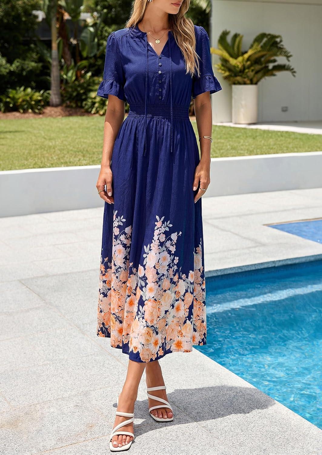 imagePRETTYGARDEN Womens Boho Floral Maxi Dress Summer 2026 Short Sleeve Tie V Neck Spring Wedding Guest Flowy Beach Sun DressesNavy Blue