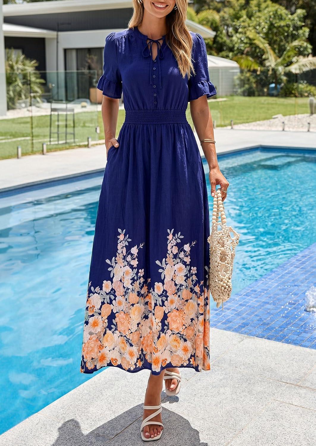 imagePRETTYGARDEN Womens Boho Floral Maxi Dress Summer 2026 Short Sleeve Tie V Neck Spring Wedding Guest Flowy Beach Sun DressesNavy Blue
