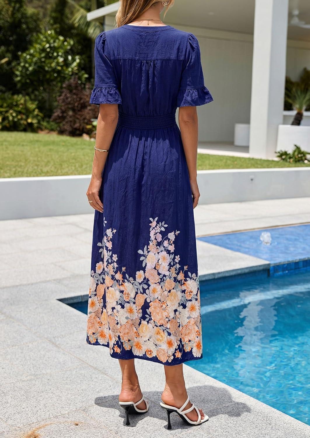 imagePRETTYGARDEN Womens Boho Floral Maxi Dress Summer 2026 Short Sleeve Tie V Neck Spring Wedding Guest Flowy Beach Sun DressesNavy Blue