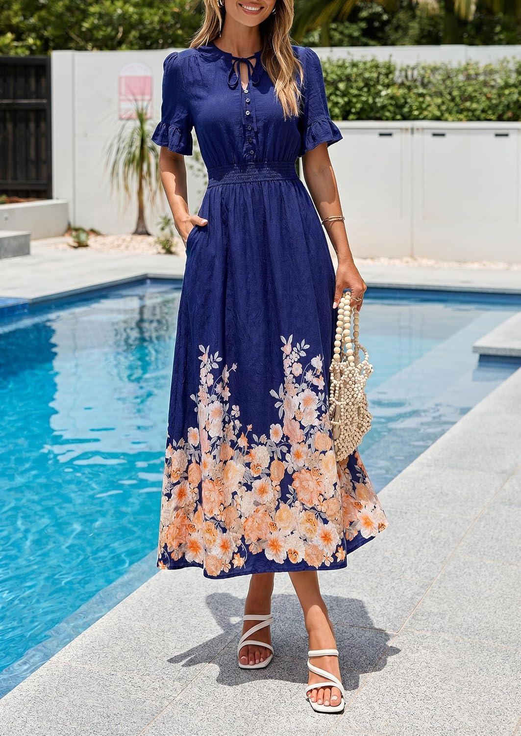 imagePRETTYGARDEN Womens Boho Floral Maxi Dress Summer 2026 Short Sleeve Tie V Neck Spring Wedding Guest Flowy Beach Sun DressesNavy Blue