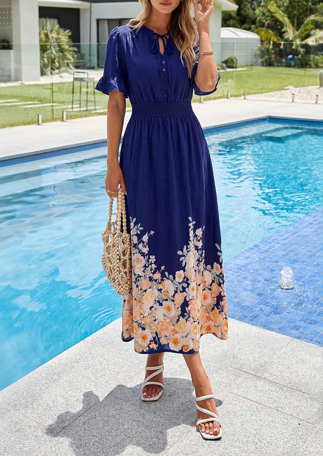 imagePRETTYGARDEN Womens Boho Floral Maxi Dress Summer 2026 Short Sleeve Tie V Neck Spring Wedding Guest Flowy Beach Sun DressesNavy Blue