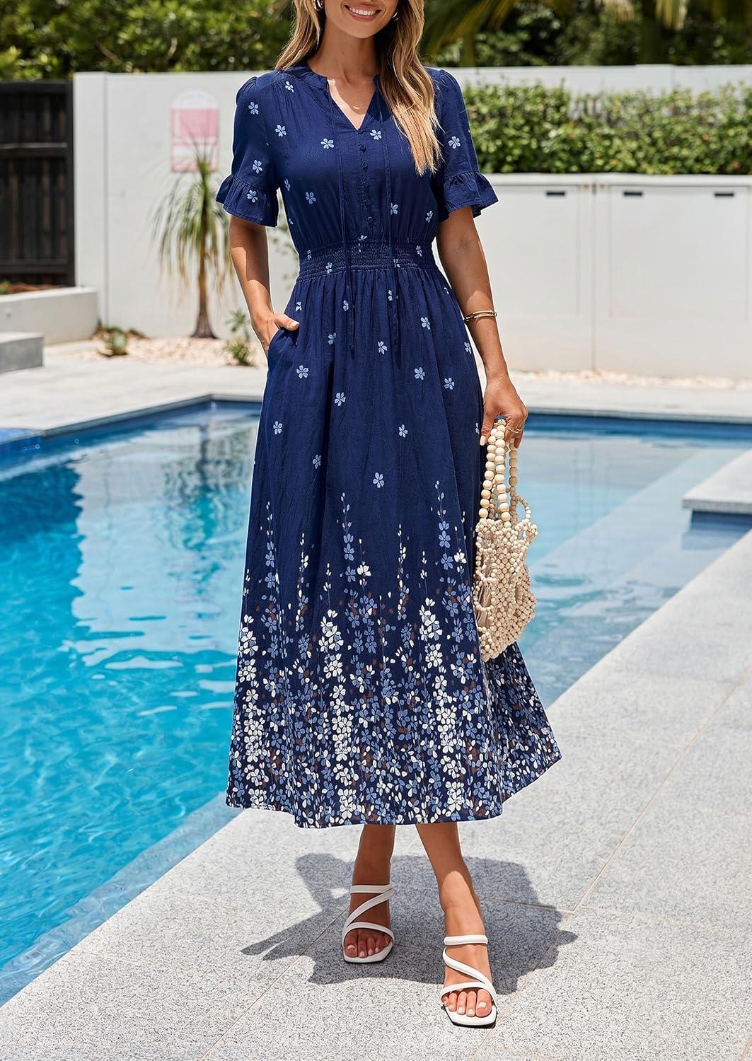 imagePRETTYGARDEN Womens Boho Floral Maxi Dress Summer 2026 Short Sleeve Tie V Neck Spring Wedding Guest Flowy Beach Sun DressesNavy Blue White Floral