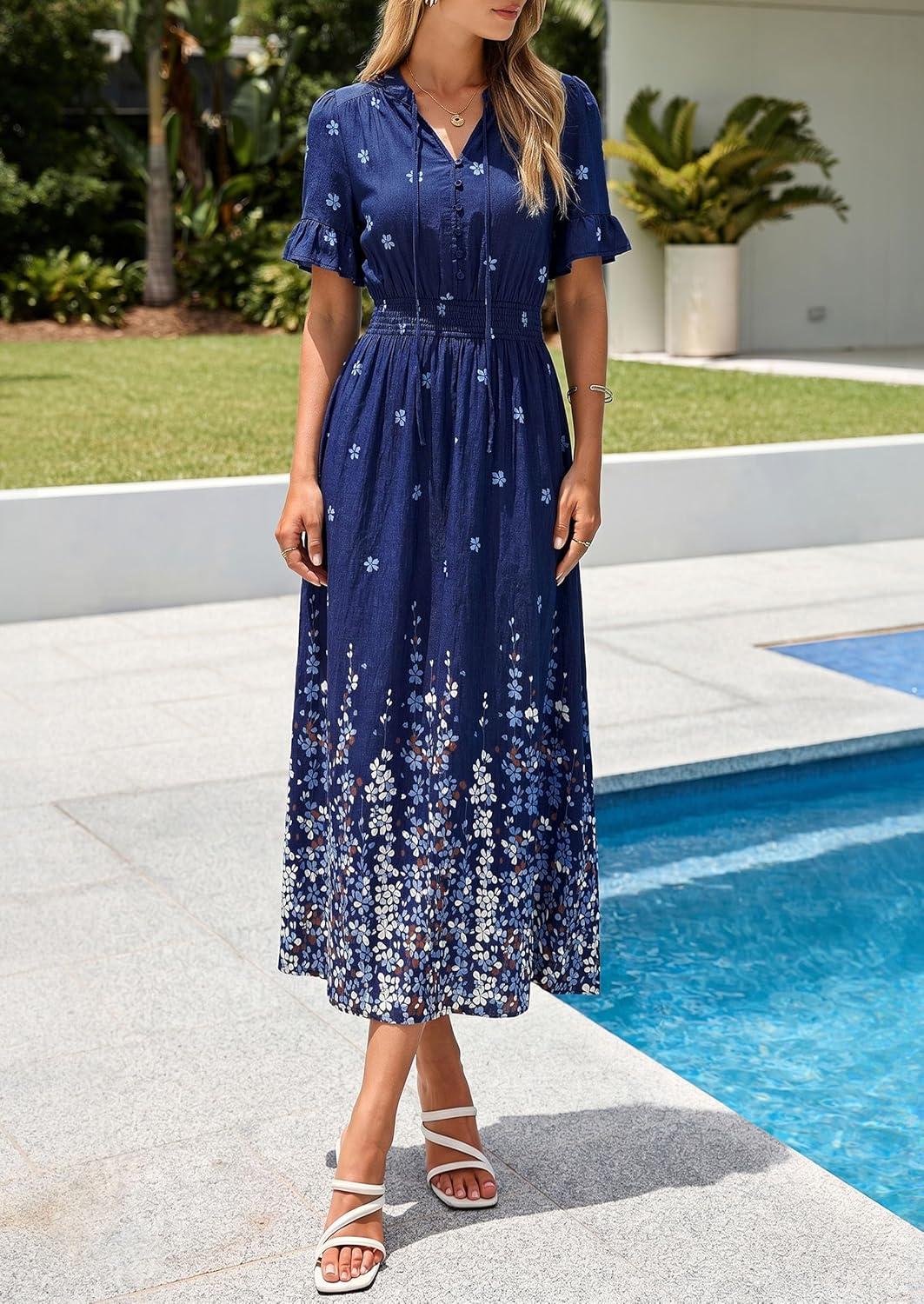 imagePRETTYGARDEN Womens Boho Floral Maxi Dress Summer 2026 Short Sleeve Tie V Neck Spring Wedding Guest Flowy Beach Sun DressesNavy Blue White Floral