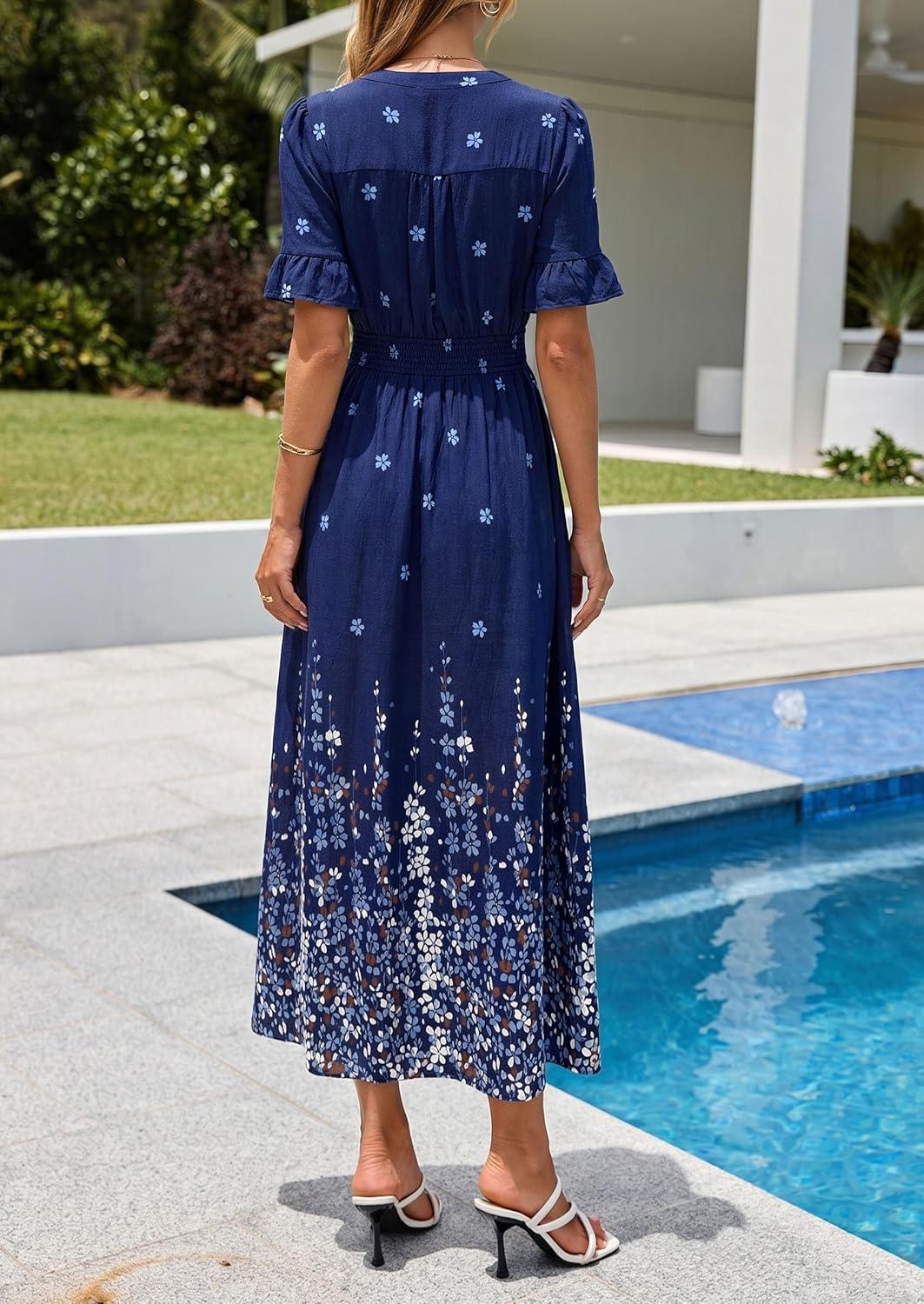 imagePRETTYGARDEN Womens Boho Floral Maxi Dress Summer 2026 Short Sleeve Tie V Neck Spring Wedding Guest Flowy Beach Sun DressesNavy Blue White Floral