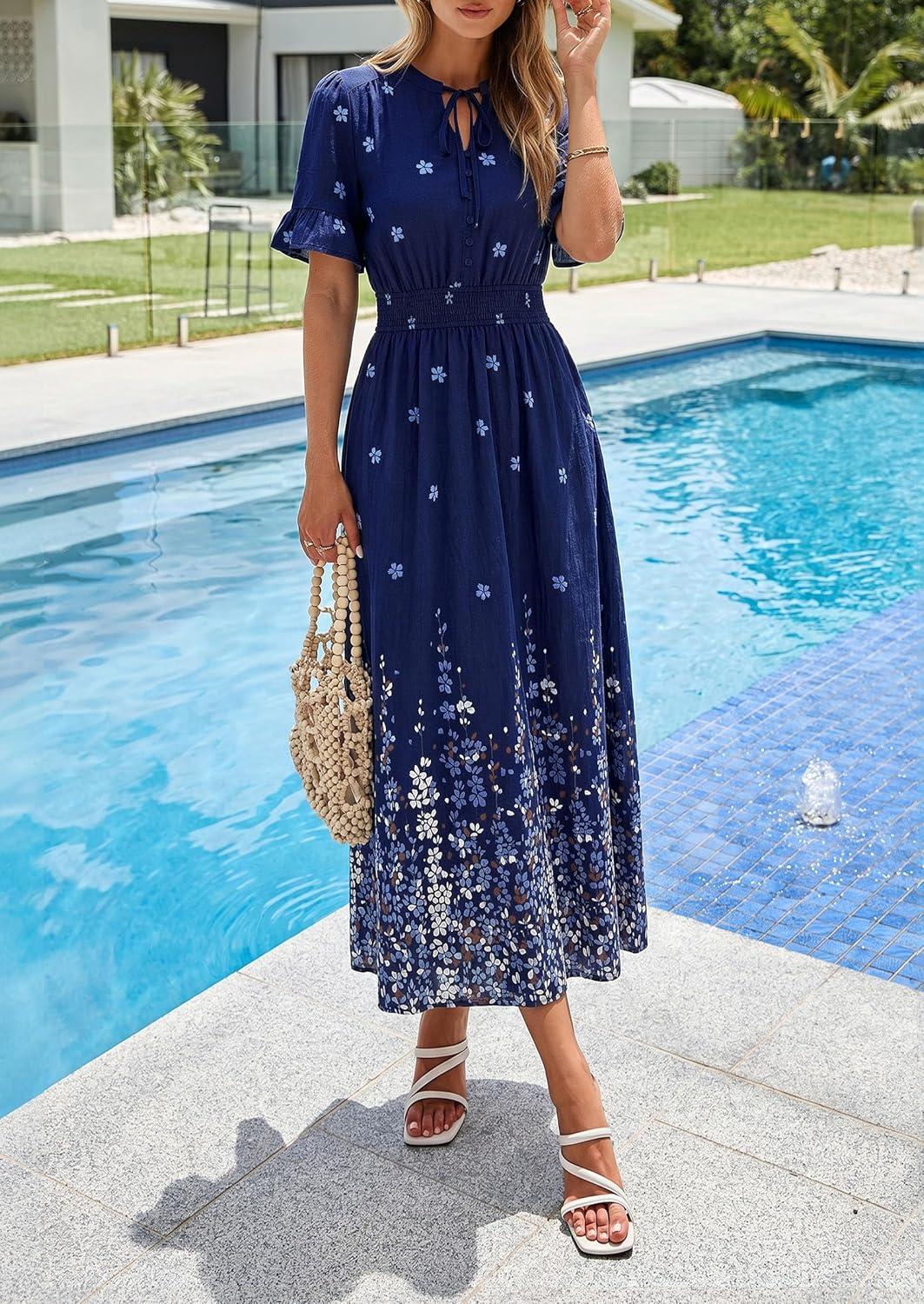 imagePRETTYGARDEN Womens Boho Floral Maxi Dress Summer 2026 Short Sleeve Tie V Neck Spring Wedding Guest Flowy Beach Sun DressesNavy Blue White Floral