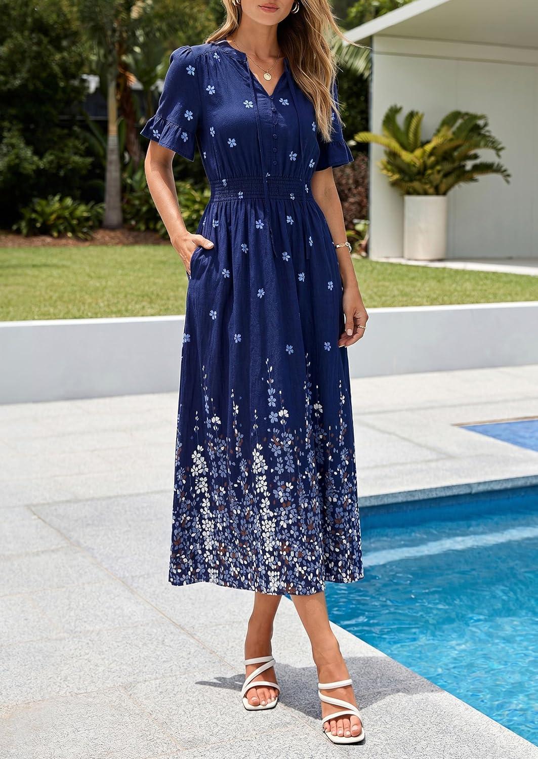 imagePRETTYGARDEN Womens Boho Floral Maxi Dress Summer 2026 Short Sleeve Tie V Neck Spring Wedding Guest Flowy Beach Sun DressesNavy Blue White Floral