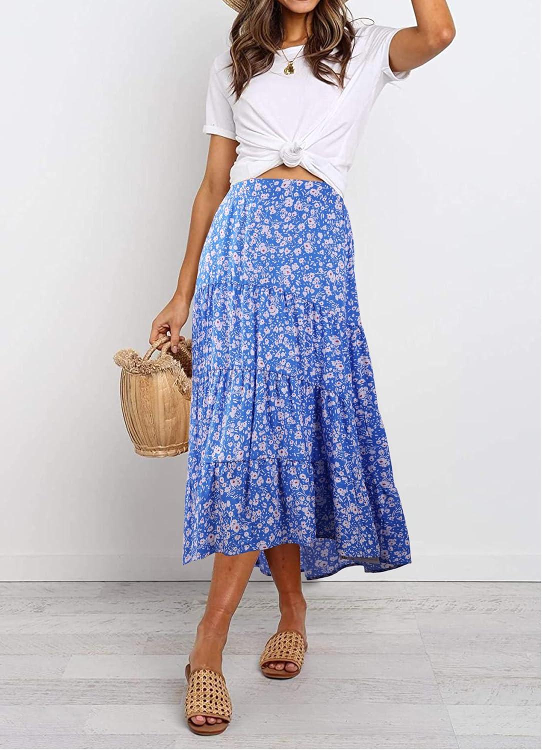 imagePRETTYGARDEN Womens Ditzy Floral Print Midi Skirt Boho Elastic High Waist Long Skirts for Women Trendy High Low HemBlue