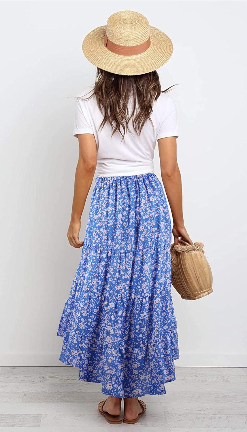 imagePRETTYGARDEN Womens Ditzy Floral Print Midi Skirt Boho Elastic High Waist Long Skirts for Women Trendy High Low HemBlue