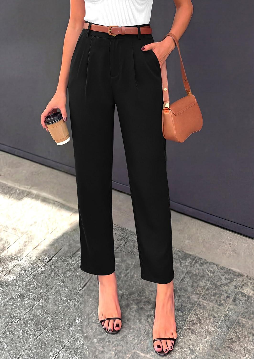 imagePRETTYGARDEN Womens Dress Pants Summer 2026 Work Clothes Tapered High Waisted Trousers Slacks Pockets Business Casual OutfitsBlack