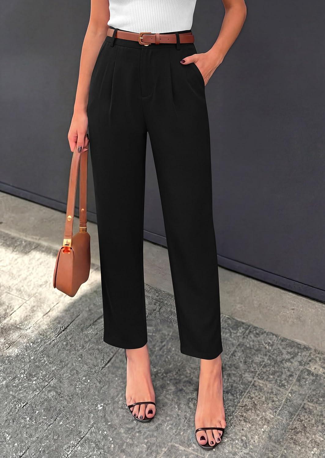 imagePRETTYGARDEN Womens Dress Pants Summer 2026 Work Clothes Tapered High Waisted Trousers Slacks Pockets Business Casual OutfitsBlack