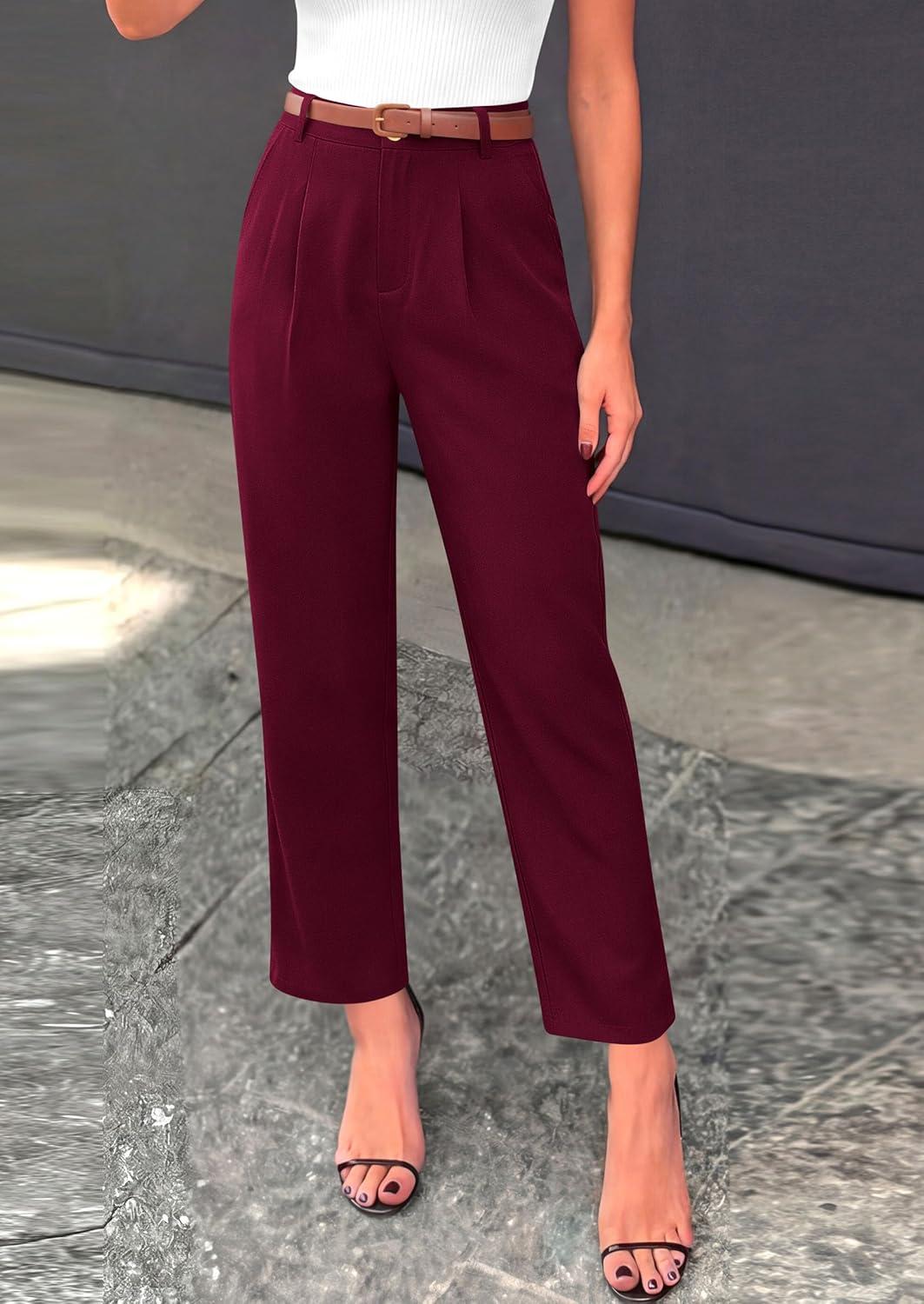 imagePRETTYGARDEN Womens Dress Pants Summer 2026 Work Clothes Tapered High Waisted Trousers Slacks Pockets Business Casual OutfitsBurgundy