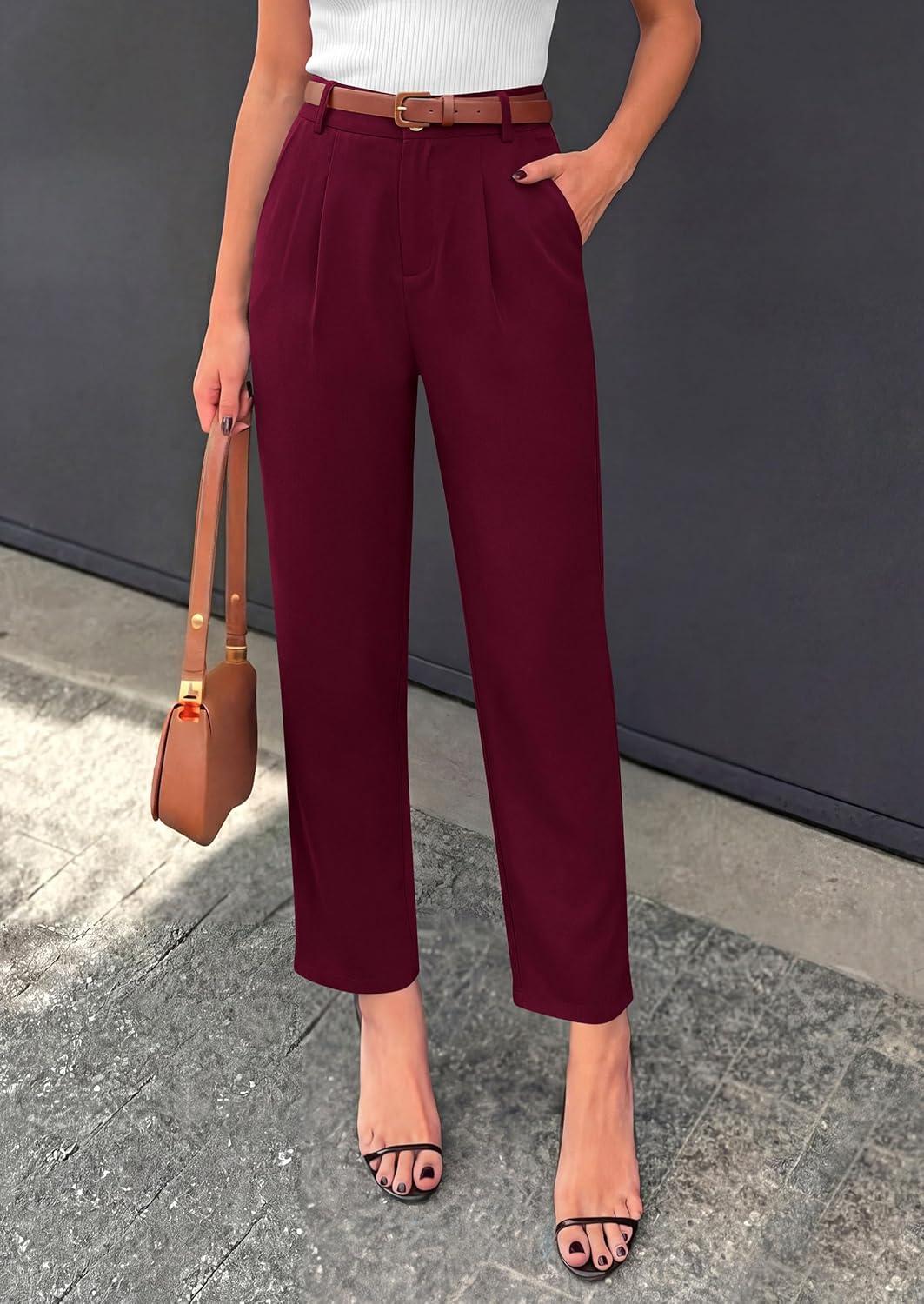 imagePRETTYGARDEN Womens Dress Pants Summer 2026 Work Clothes Tapered High Waisted Trousers Slacks Pockets Business Casual OutfitsBurgundy
