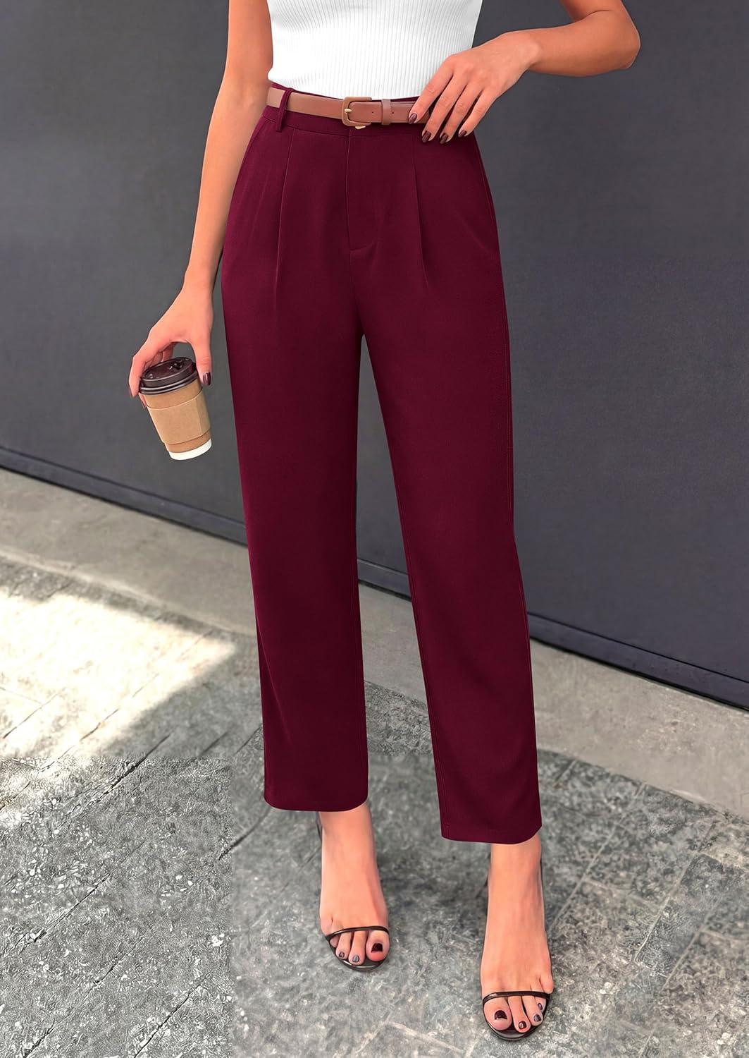 imagePRETTYGARDEN Womens Dress Pants Summer 2026 Work Clothes Tapered High Waisted Trousers Slacks Pockets Business Casual OutfitsBurgundy