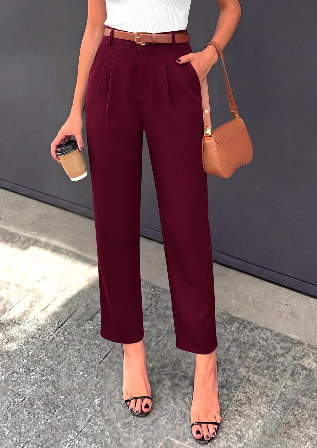 imagePRETTYGARDEN Womens Dress Pants Summer 2026 Work Clothes Tapered High Waisted Trousers Slacks Pockets Business Casual OutfitsBurgundy