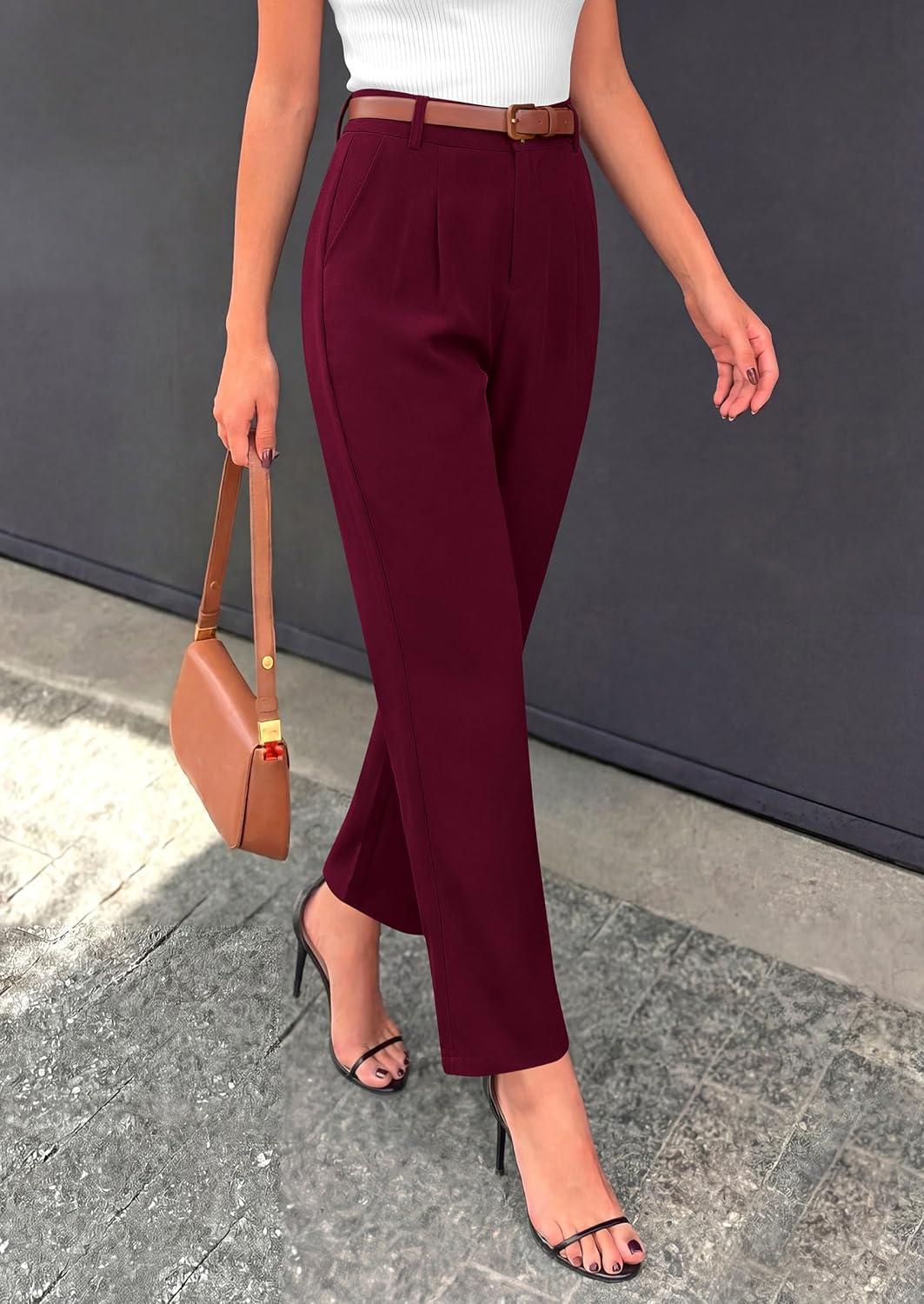 imagePRETTYGARDEN Womens Dress Pants Summer 2026 Work Clothes Tapered High Waisted Trousers Slacks Pockets Business Casual OutfitsBurgundy
