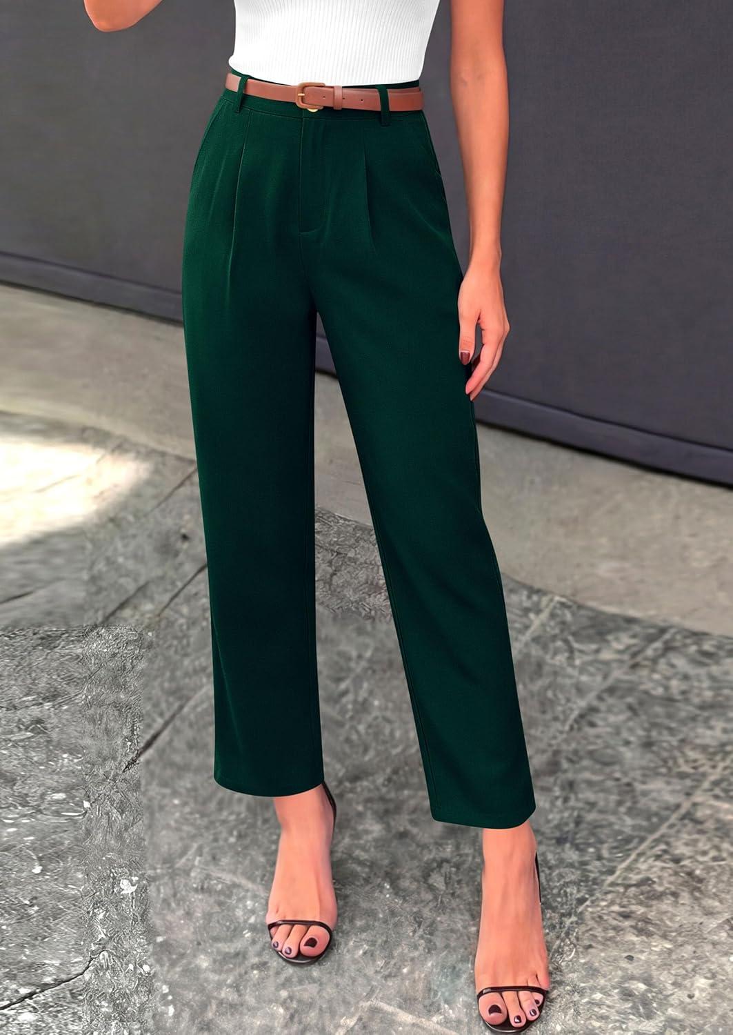 imagePRETTYGARDEN Womens Dress Pants Summer 2026 Work Clothes Tapered High Waisted Trousers Slacks Pockets Business Casual OutfitsDark Green
