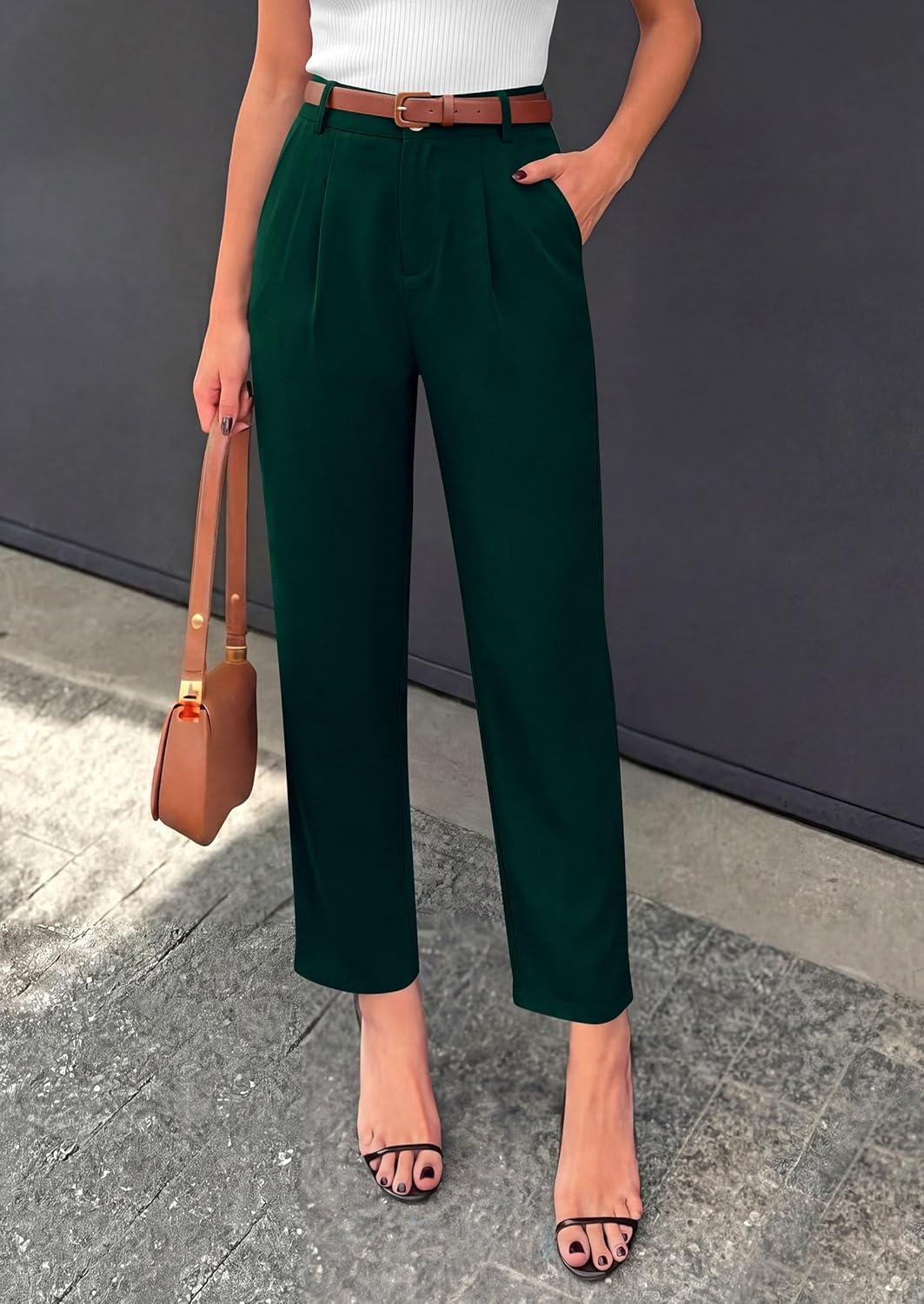 imagePRETTYGARDEN Womens Dress Pants Summer 2026 Work Clothes Tapered High Waisted Trousers Slacks Pockets Business Casual OutfitsDark Green