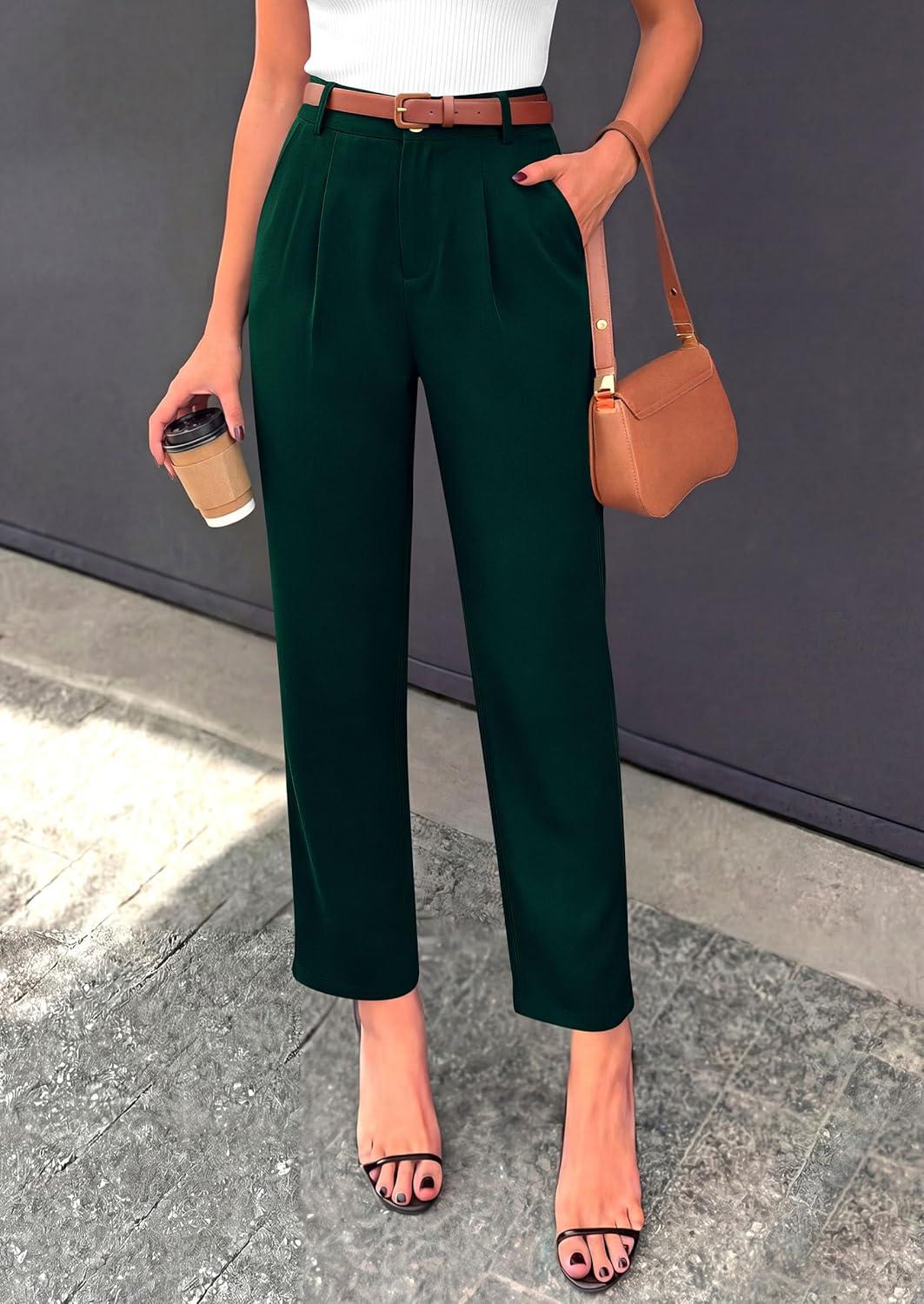 imagePRETTYGARDEN Womens Dress Pants Summer 2026 Work Clothes Tapered High Waisted Trousers Slacks Pockets Business Casual OutfitsDark Green
