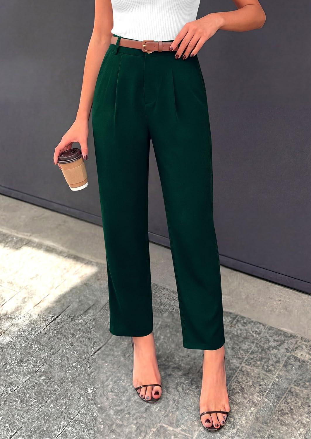 imagePRETTYGARDEN Womens Dress Pants Summer 2026 Work Clothes Tapered High Waisted Trousers Slacks Pockets Business Casual OutfitsDark Green