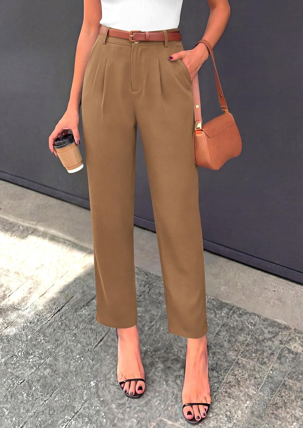 imagePRETTYGARDEN Womens Dress Pants Summer 2026 Work Clothes Tapered High Waisted Trousers Slacks Pockets Business Casual OutfitsKhaki
