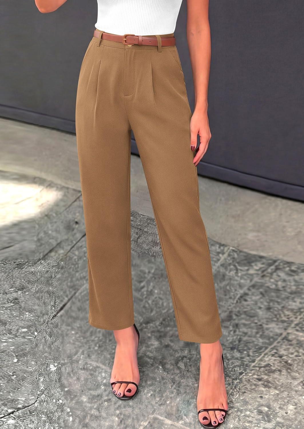 imagePRETTYGARDEN Womens Dress Pants Summer 2026 Work Clothes Tapered High Waisted Trousers Slacks Pockets Business Casual OutfitsKhaki