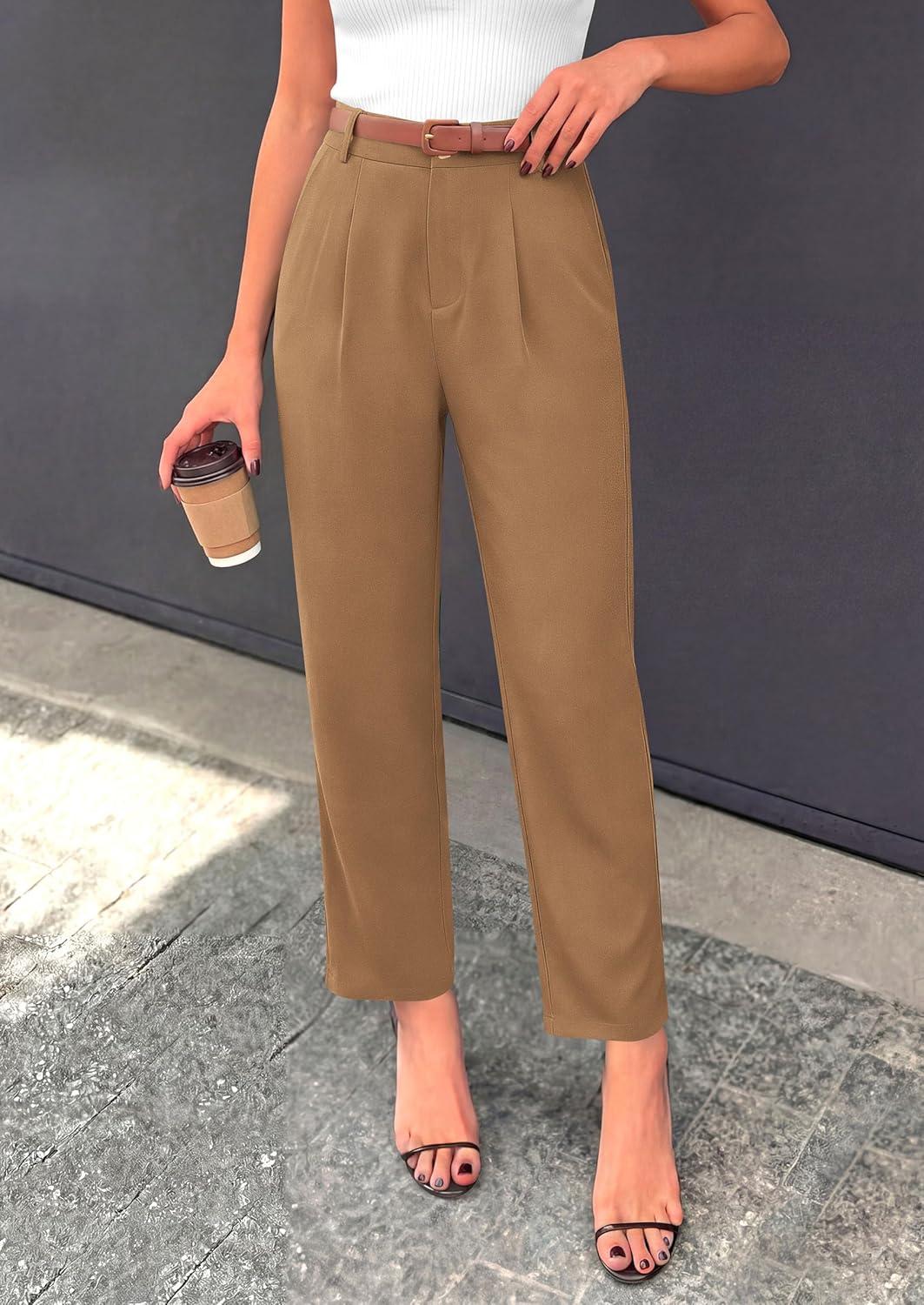 imagePRETTYGARDEN Womens Dress Pants Summer 2026 Work Clothes Tapered High Waisted Trousers Slacks Pockets Business Casual OutfitsKhaki