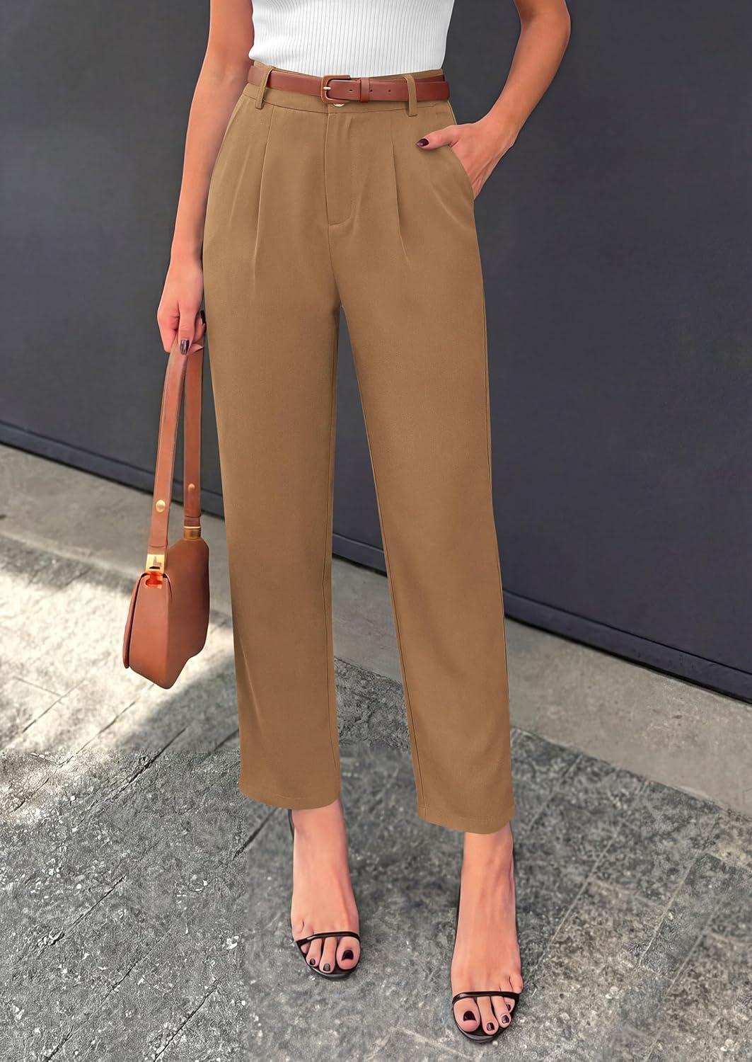 imagePRETTYGARDEN Womens Dress Pants Summer 2026 Work Clothes Tapered High Waisted Trousers Slacks Pockets Business Casual OutfitsKhaki