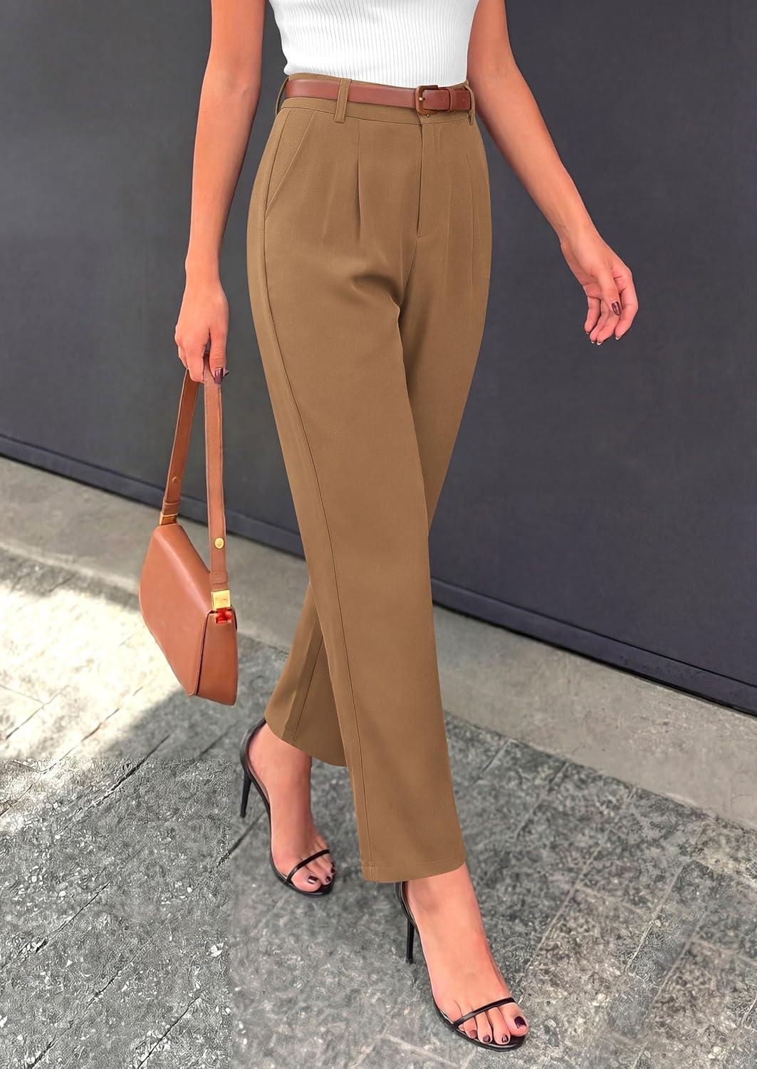 imagePRETTYGARDEN Womens Dress Pants Summer 2026 Work Clothes Tapered High Waisted Trousers Slacks Pockets Business Casual OutfitsKhaki