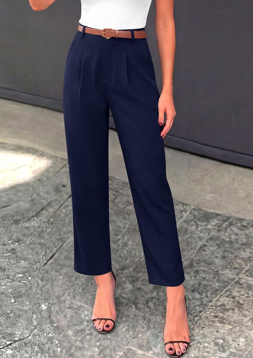 imagePRETTYGARDEN Womens Dress Pants Summer 2026 Work Clothes Tapered High Waisted Trousers Slacks Pockets Business Casual OutfitsNavy Blue