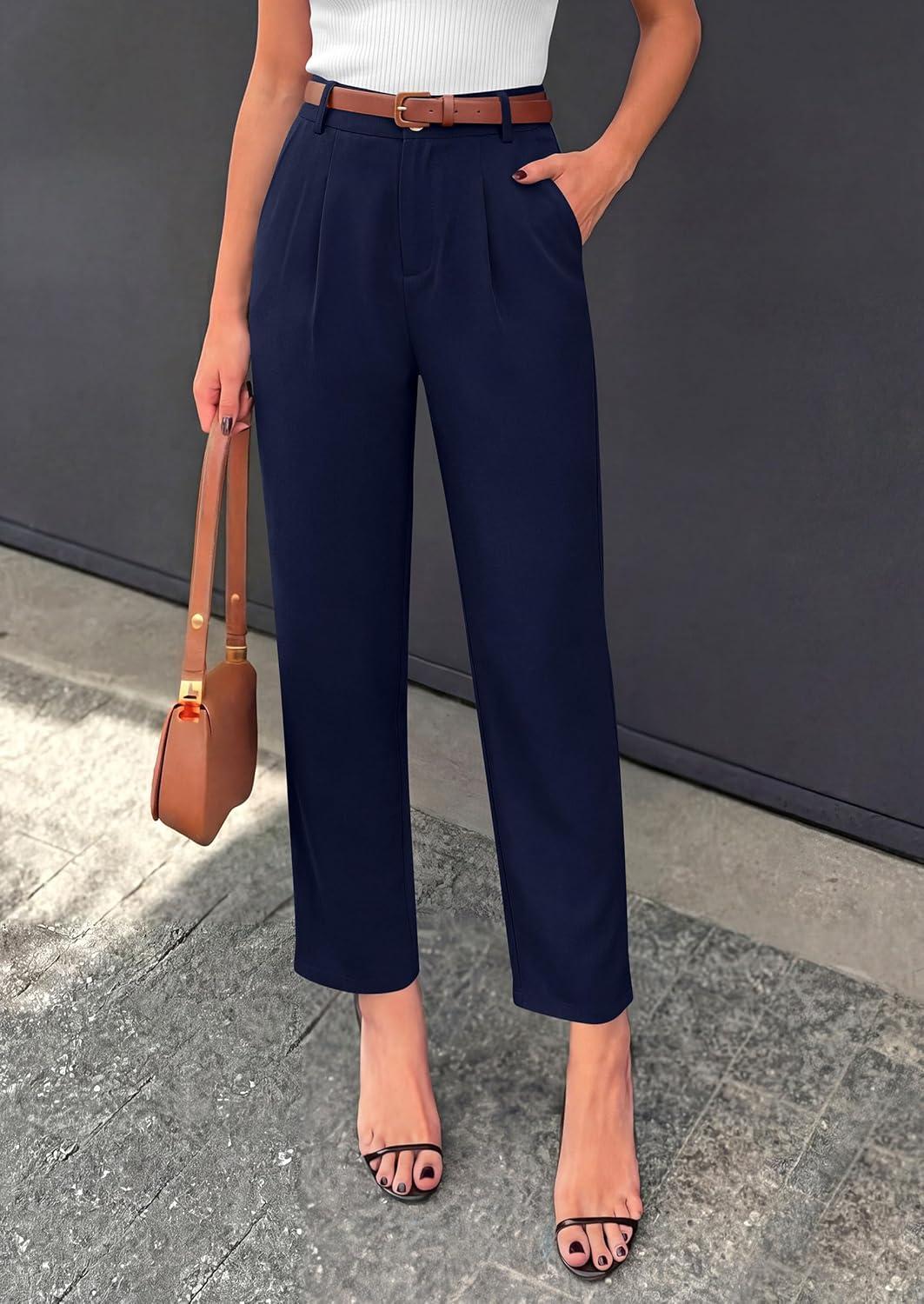 imagePRETTYGARDEN Womens Dress Pants Summer 2026 Work Clothes Tapered High Waisted Trousers Slacks Pockets Business Casual OutfitsNavy Blue
