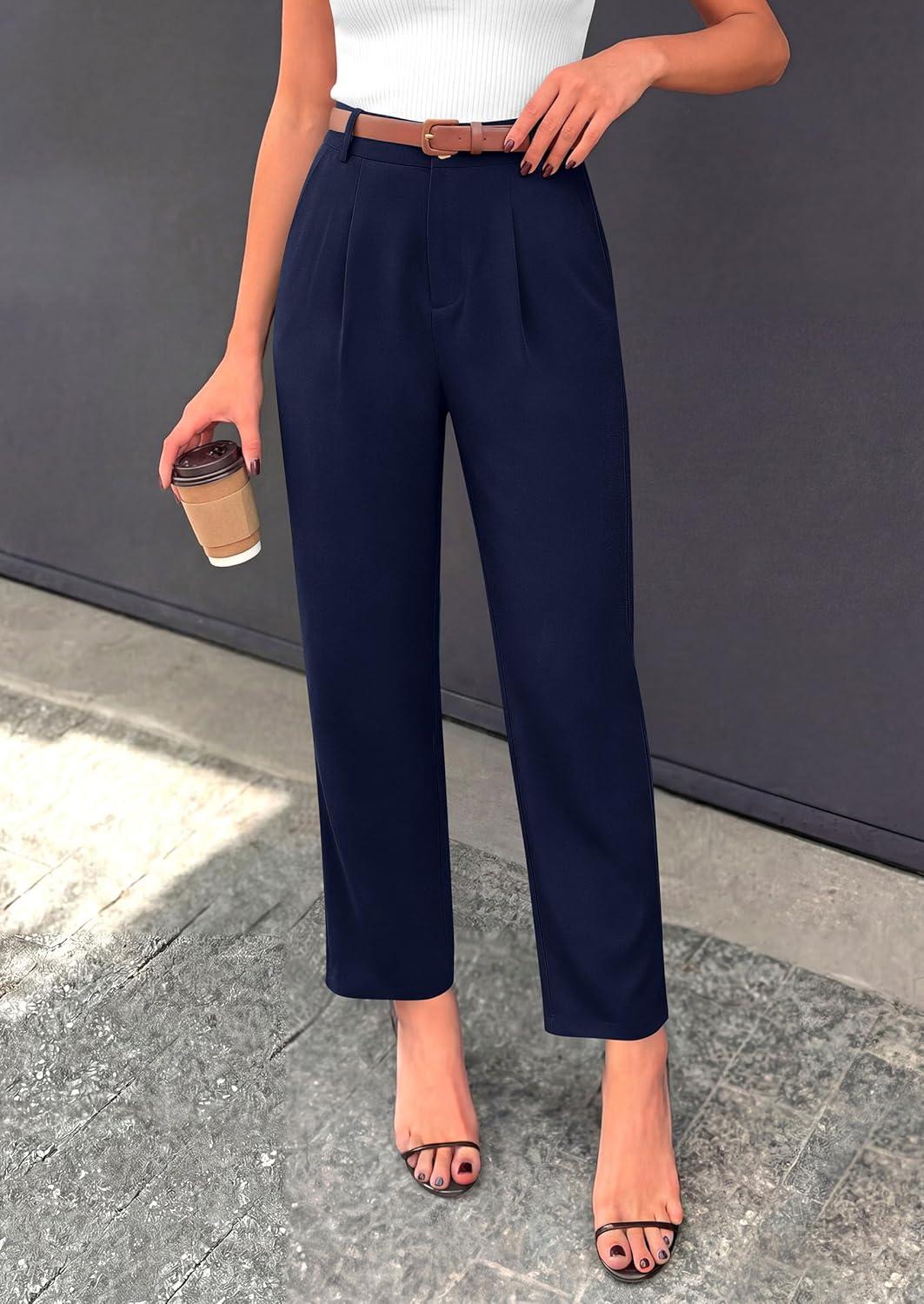 imagePRETTYGARDEN Womens Dress Pants Summer 2026 Work Clothes Tapered High Waisted Trousers Slacks Pockets Business Casual OutfitsNavy Blue