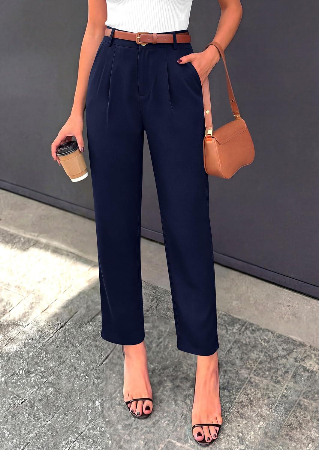 imagePRETTYGARDEN Womens Dress Pants Summer 2026 Work Clothes Tapered High Waisted Trousers Slacks Pockets Business Casual OutfitsNavy Blue