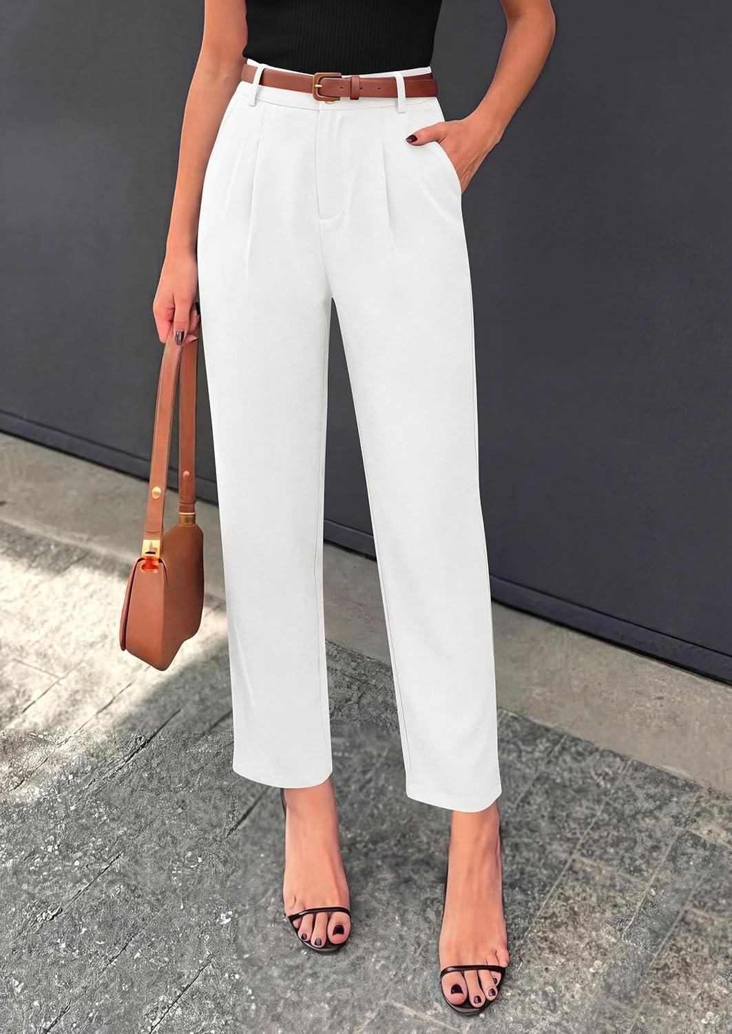 imagePRETTYGARDEN Womens Dress Pants Summer 2026 Work Clothes Tapered High Waisted Trousers Slacks Pockets Business Casual OutfitsWhite