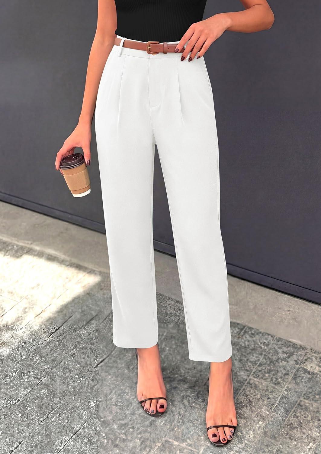 imagePRETTYGARDEN Womens Dress Pants Summer 2026 Work Clothes Tapered High Waisted Trousers Slacks Pockets Business Casual OutfitsWhite