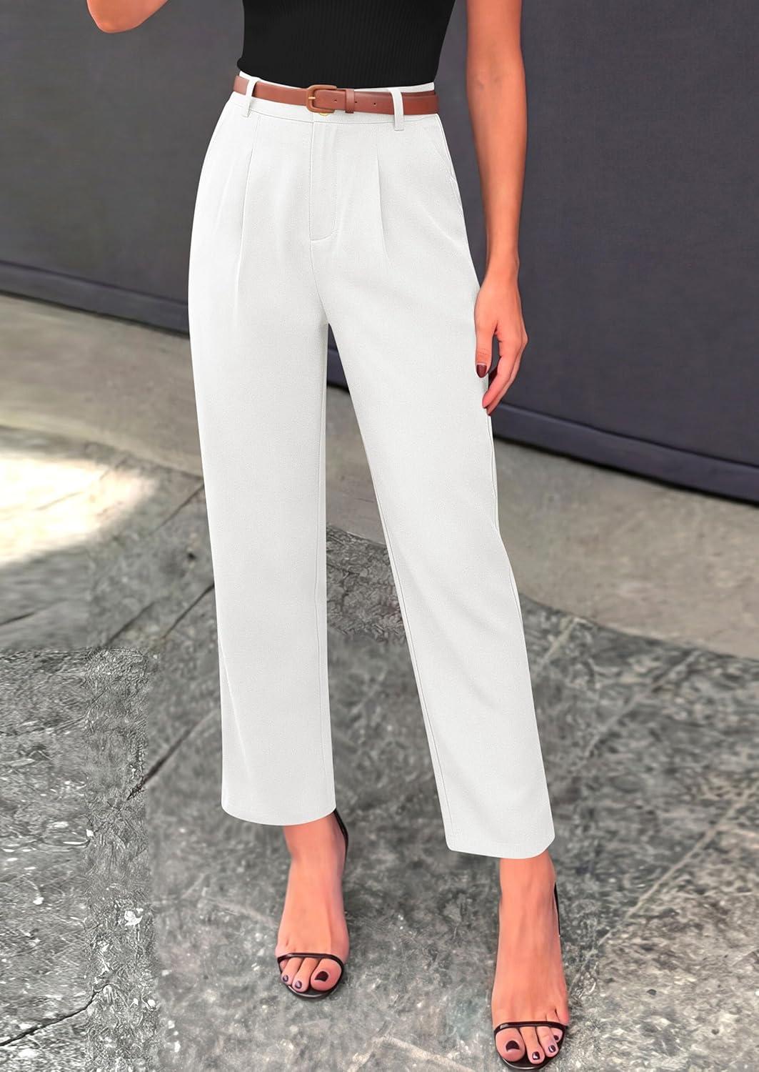 imagePRETTYGARDEN Womens Dress Pants Summer 2026 Work Clothes Tapered High Waisted Trousers Slacks Pockets Business Casual OutfitsWhite